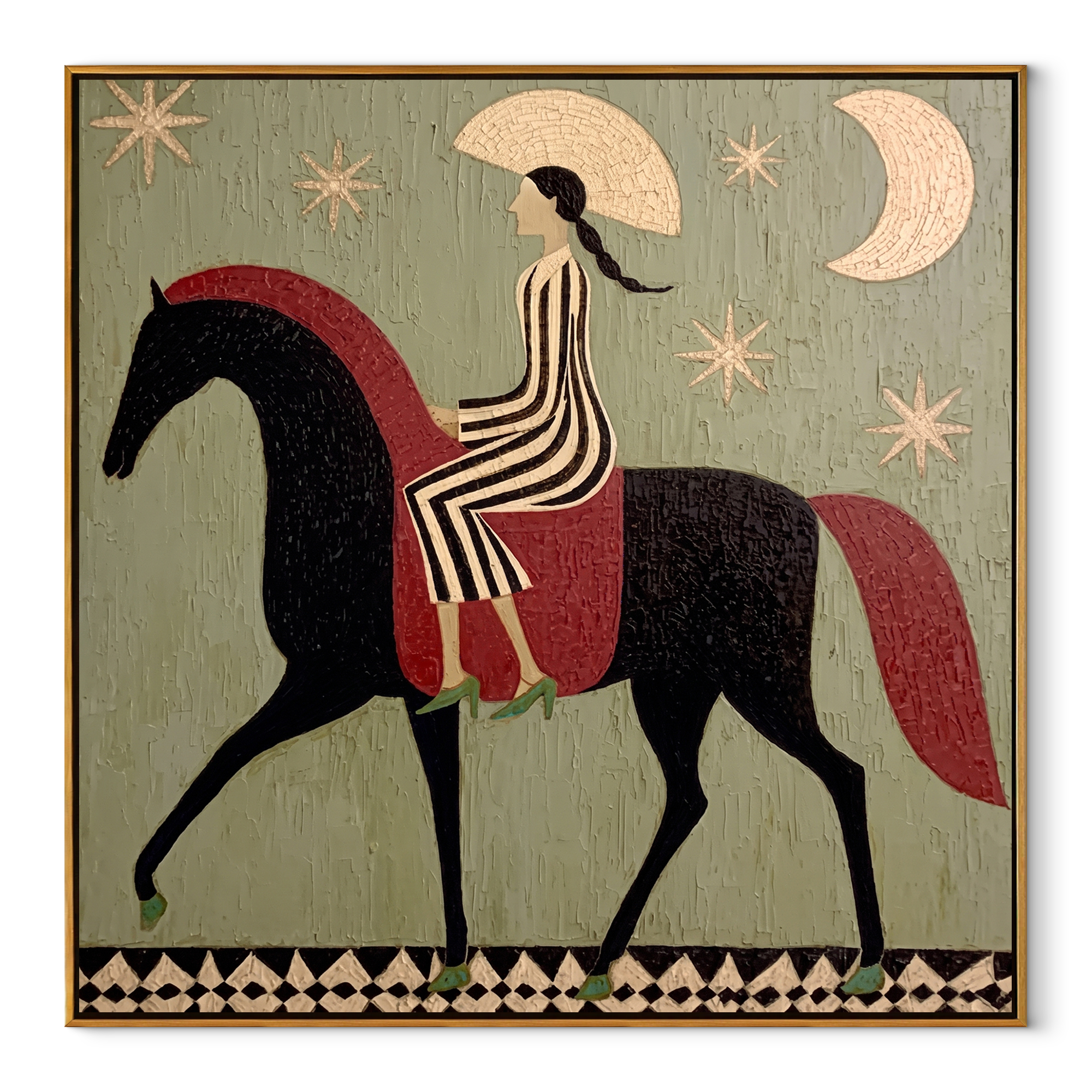 Striped Rider Courts Moon equestrian horse painting, square canvas artwork