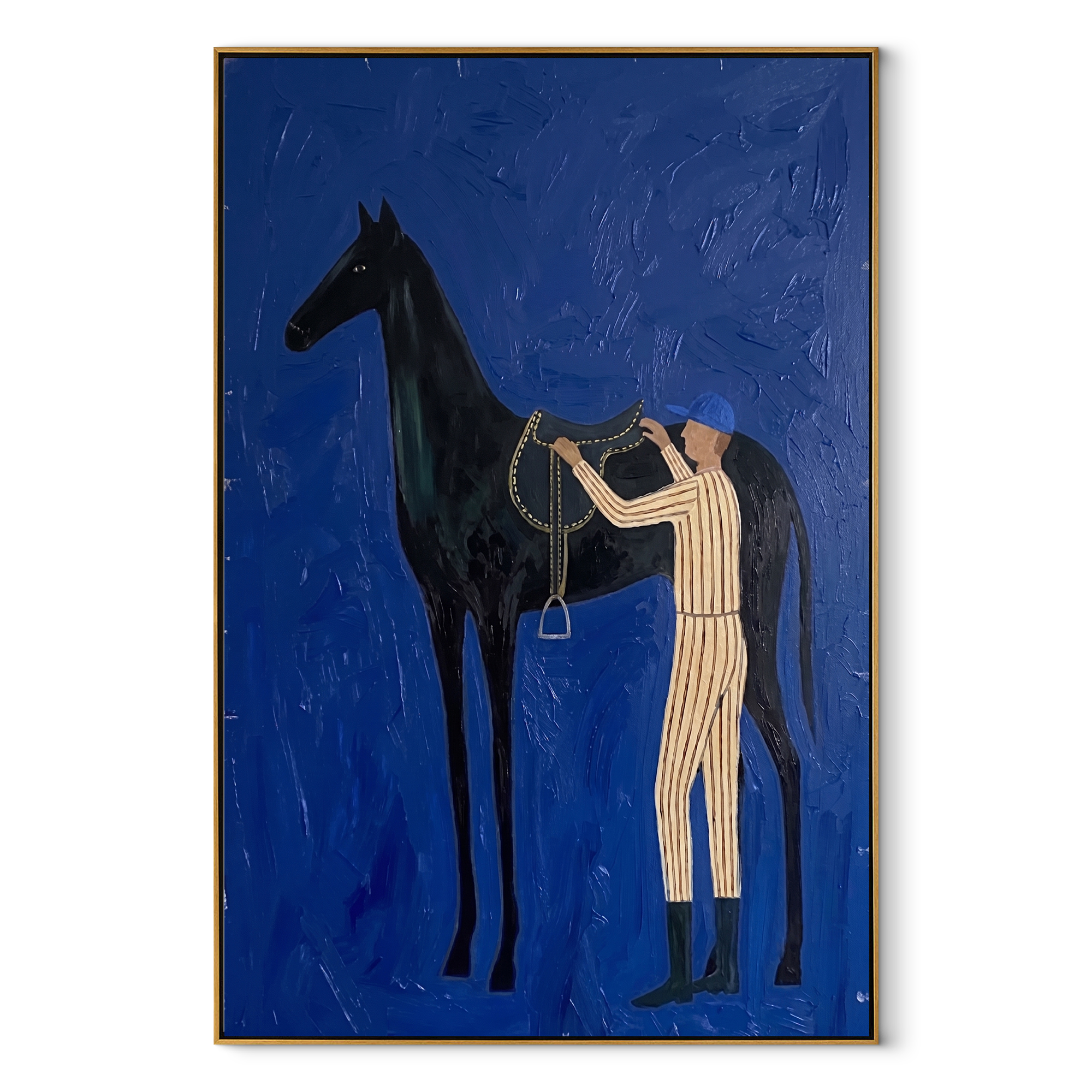 White Stripes Meet Midnight equestrian horse painting, vertical canvas artwork