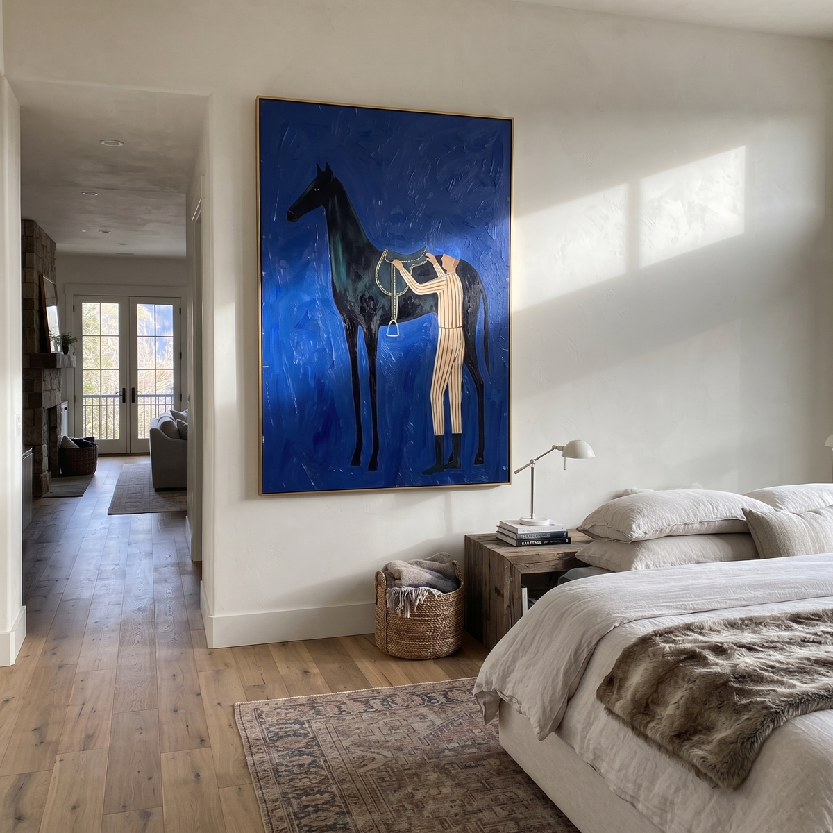 White Stripes Meet Midnight styled with wood, linen, and modern decor