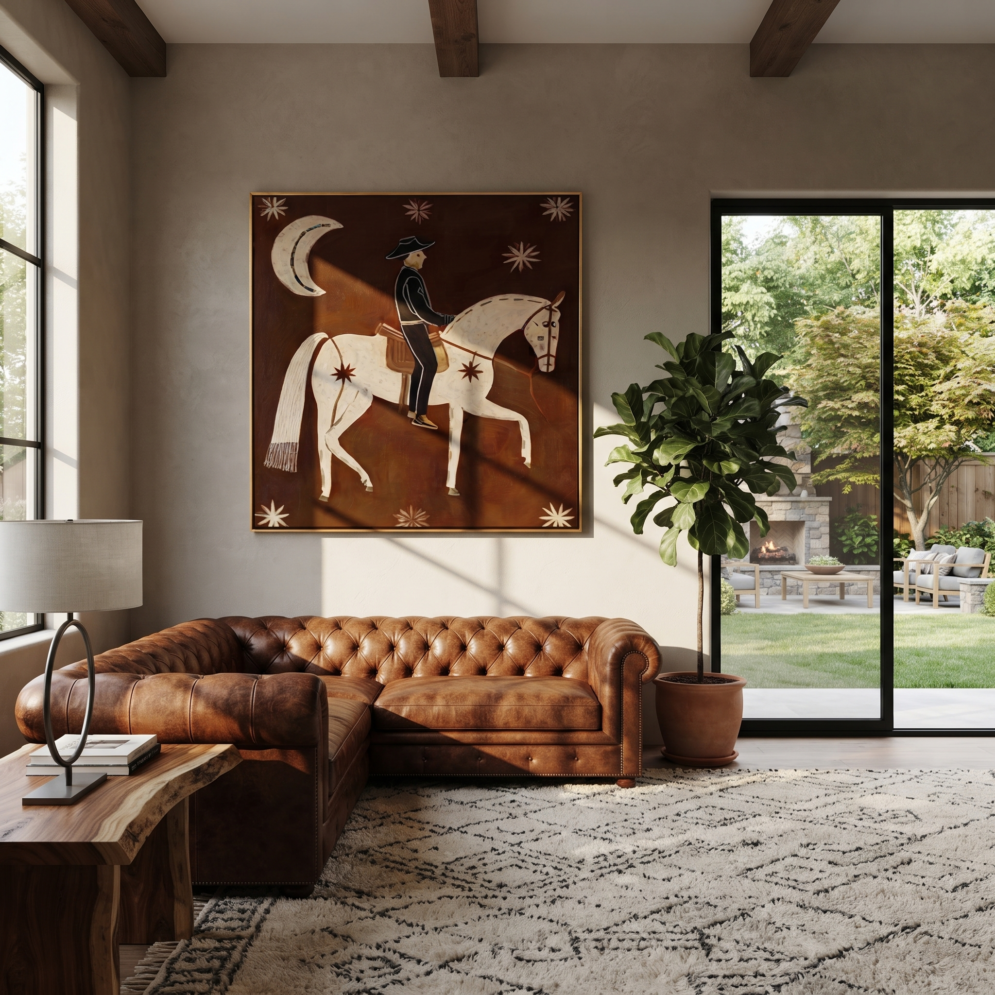 Cowboy Rides Moonlit Stars displayed in a layered residential setting