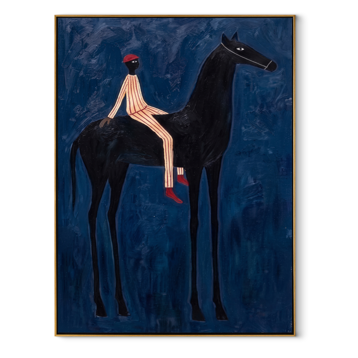 Red Cap Rides Blue equestrian horse painting, vertical canvas artwork