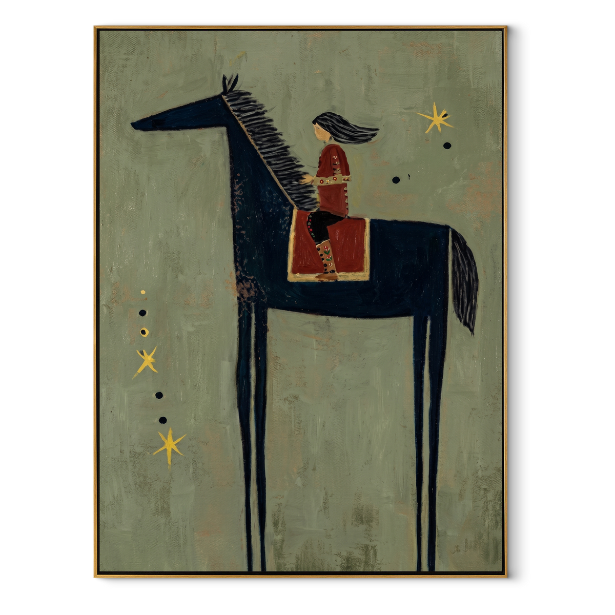 Scarlet Rider Counts Stars equestrian horse painting, vertical canvas artwork