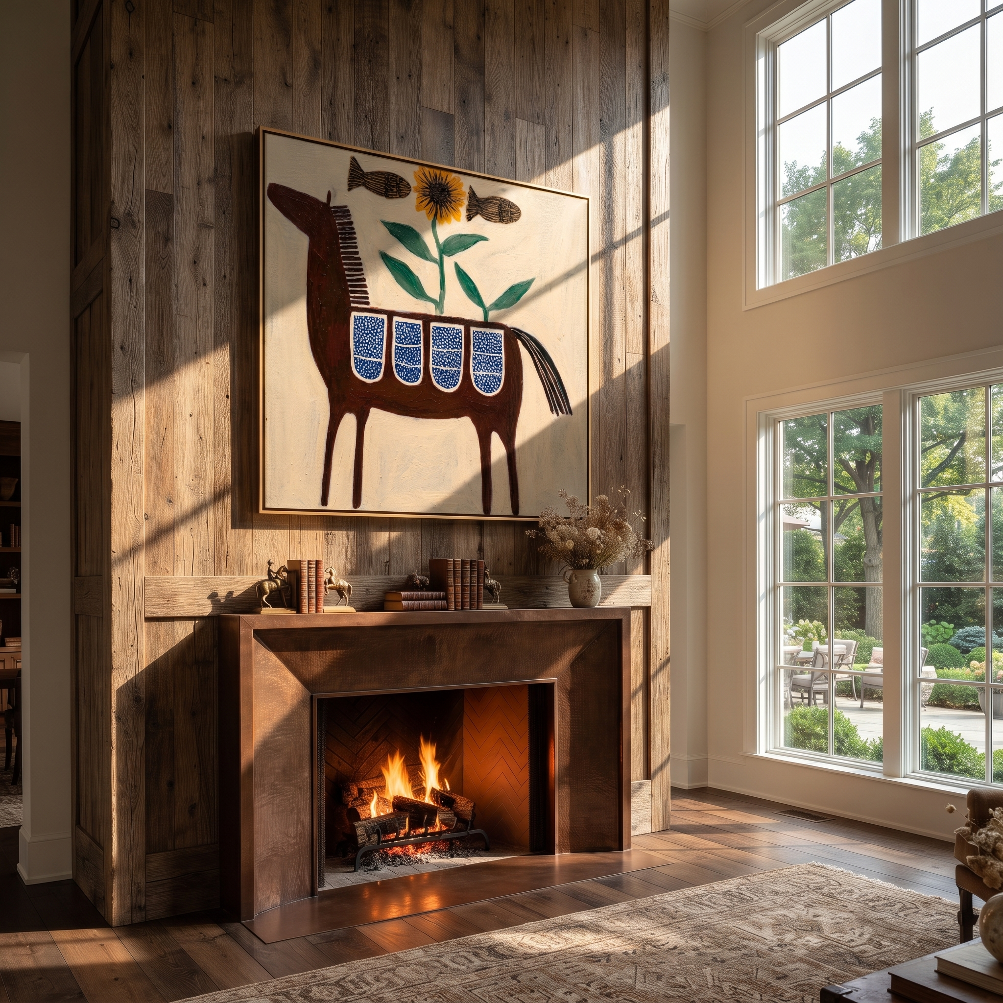 Sunflower Blooms above Saddle styled with warm modern furnishings