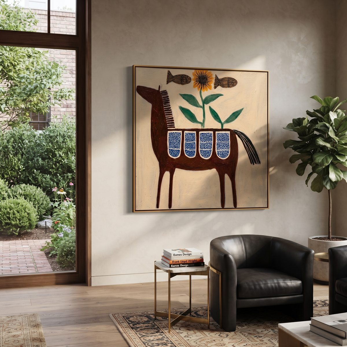 Sunflower Blooms above Saddle presented as a colorful interior focal point