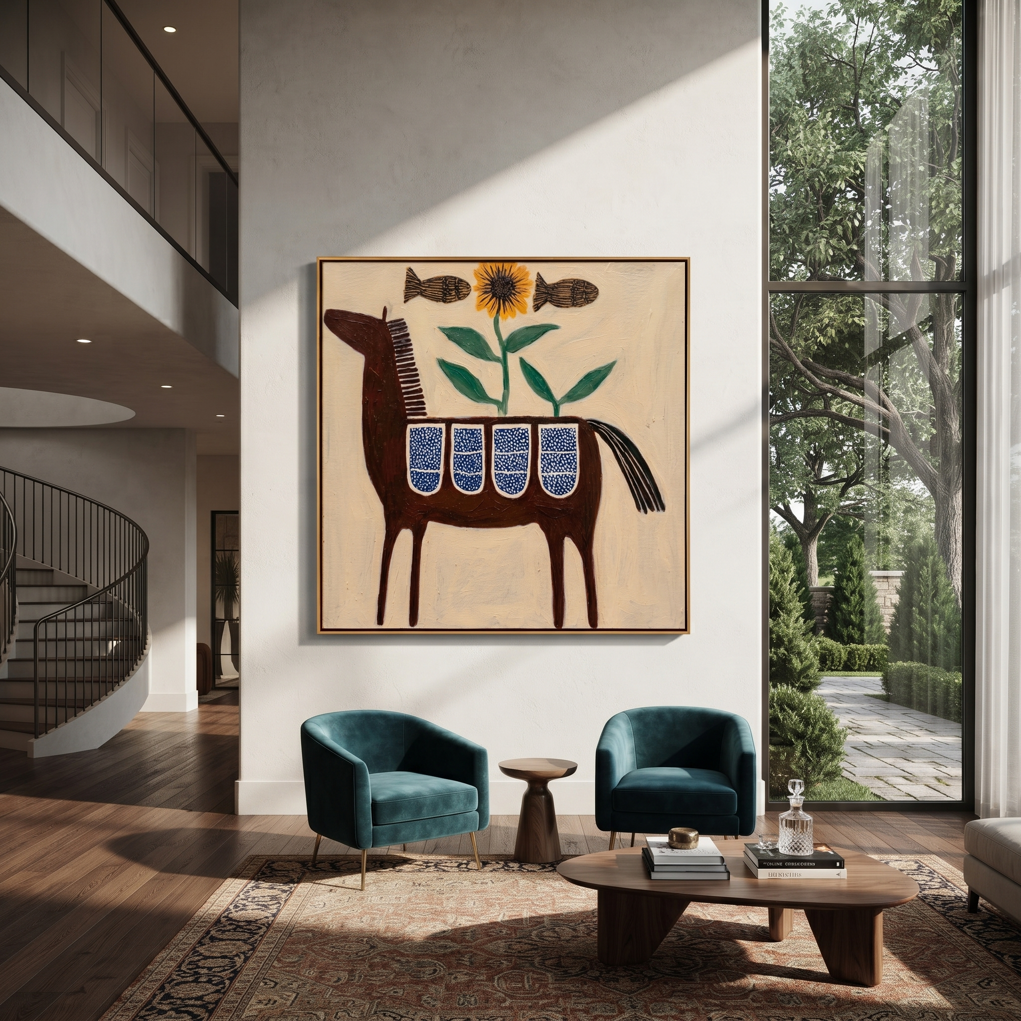 Sunflower Blooms above Saddle styled with wood, linen, and modern decor