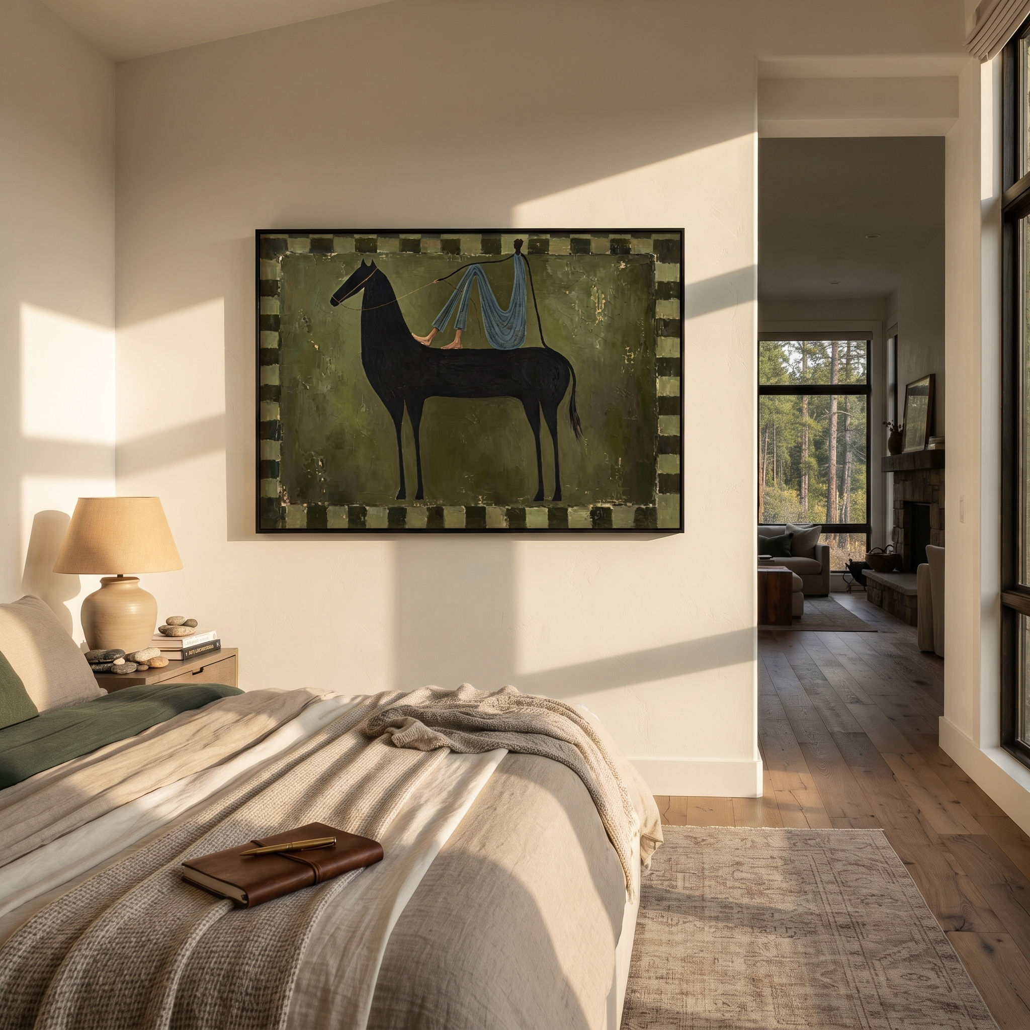 Blue Drapery Crosses Midnight displayed in a collected contemporary interior