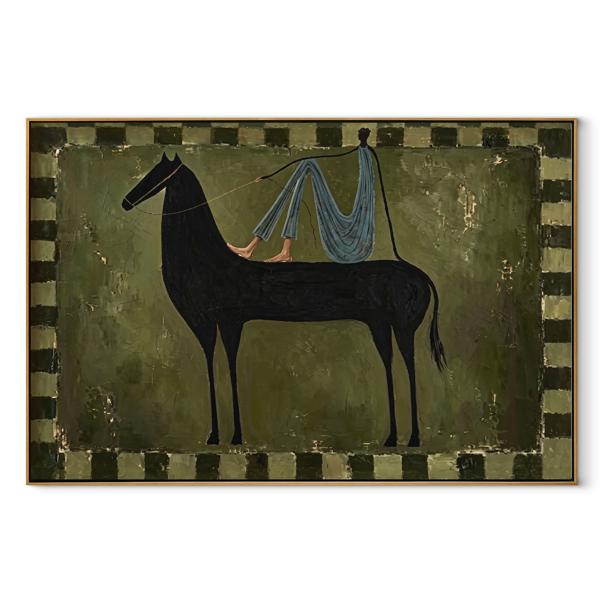 Blue Drapery Crosses Midnight equestrian horse painting, horizontal canvas artwork