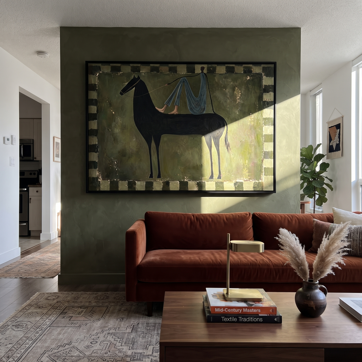 Blue Drapery Crosses Midnight styled with wood, linen, and modern decor