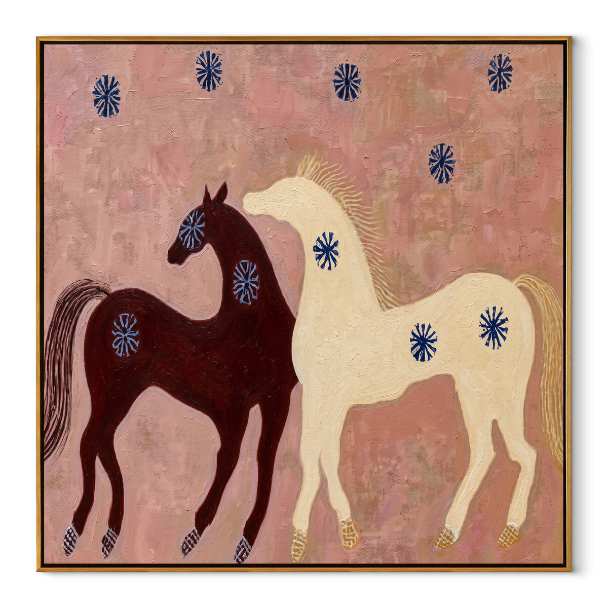 Two Horses Share Blossoms equestrian horse painting, square canvas artwork
