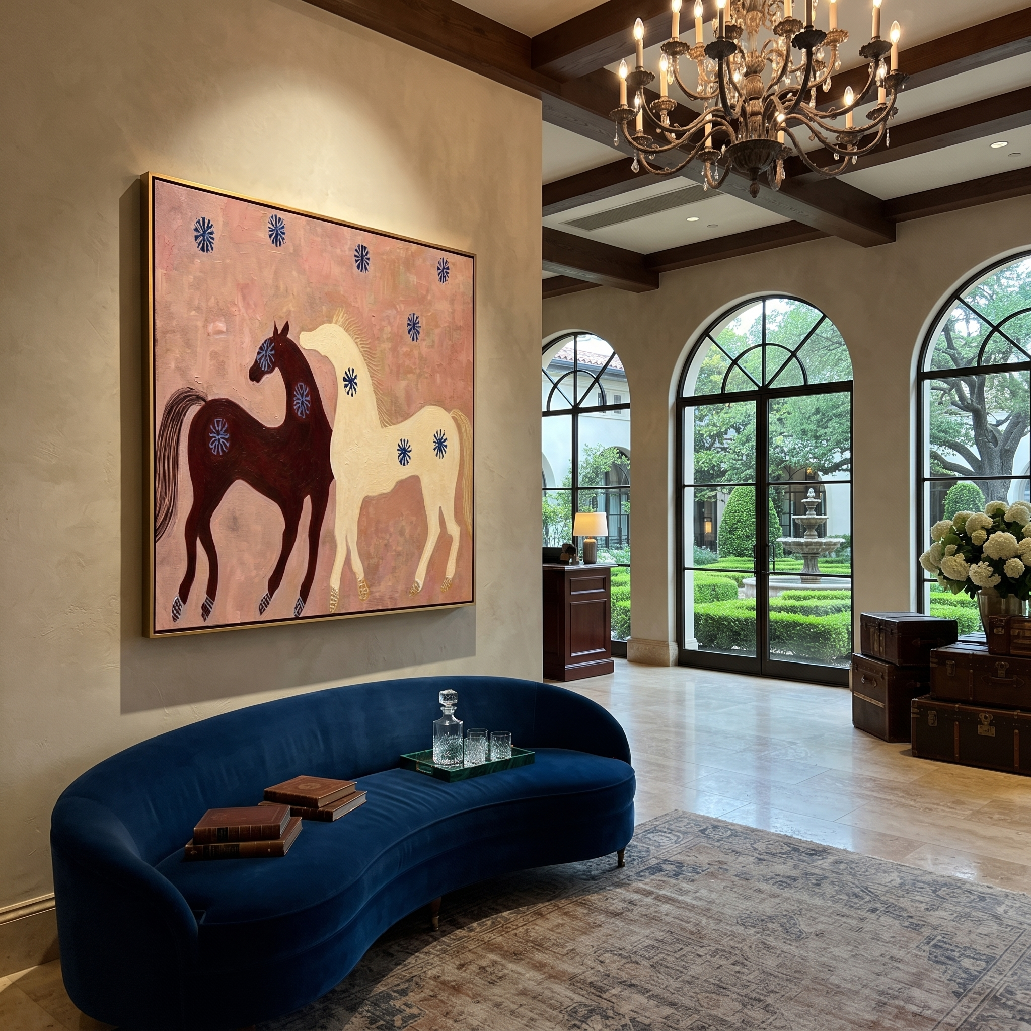 Two Horses Share Blossoms styled with warm modern furnishings