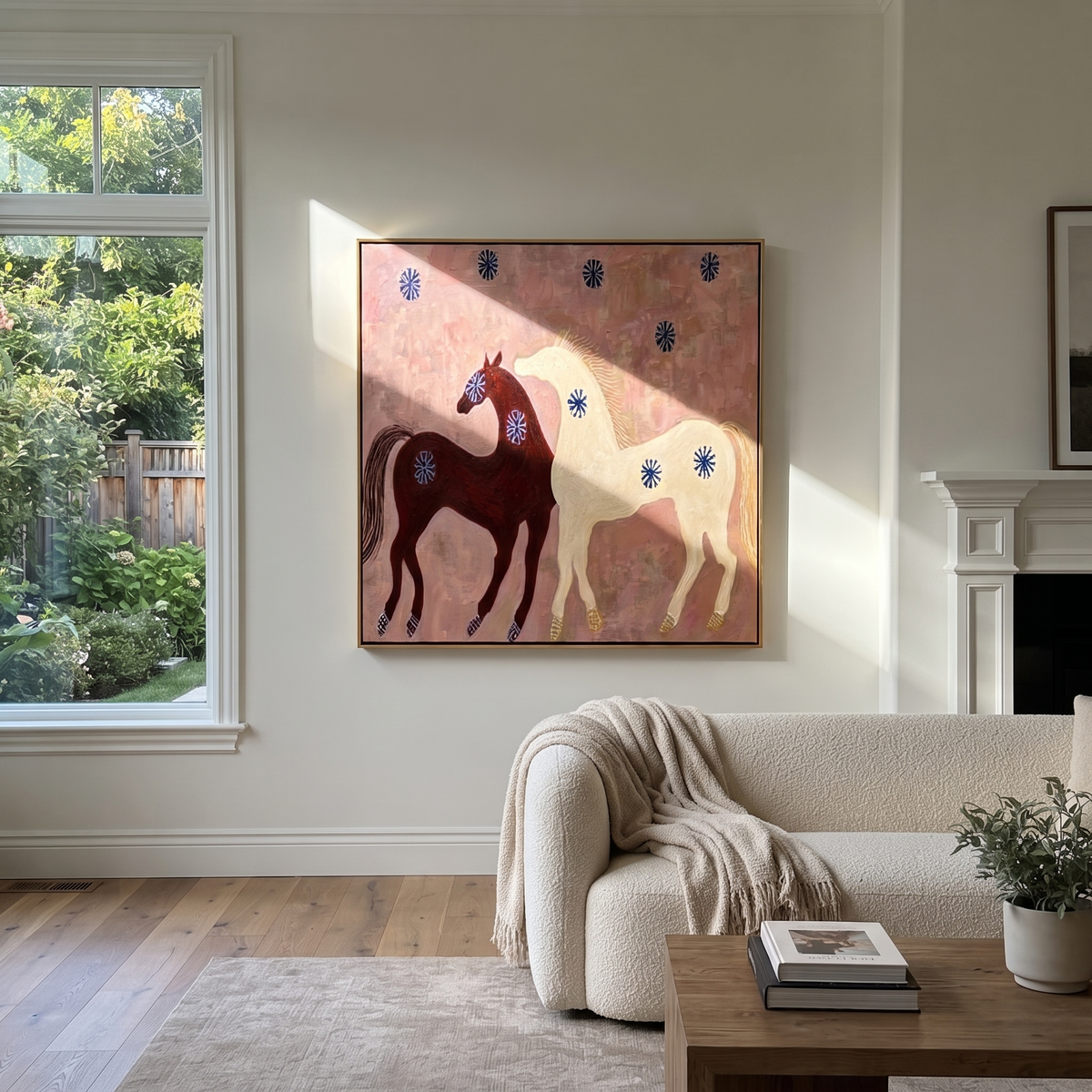 Two Horses Share Blossoms presented as a colorful interior focal point