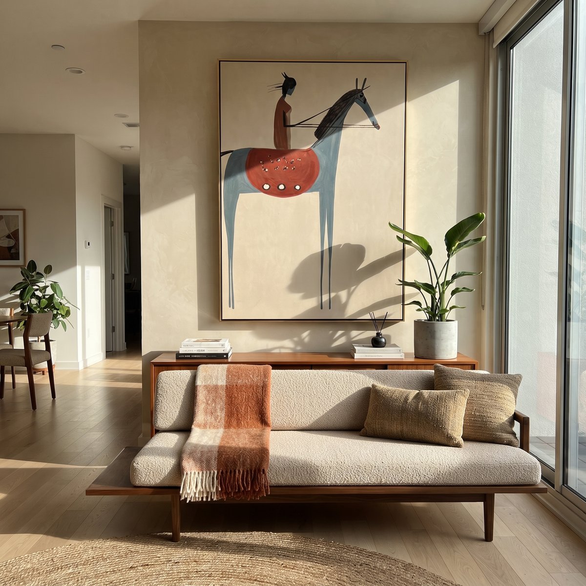 Scarlet Rider Meets Blue displayed in a collected contemporary interior