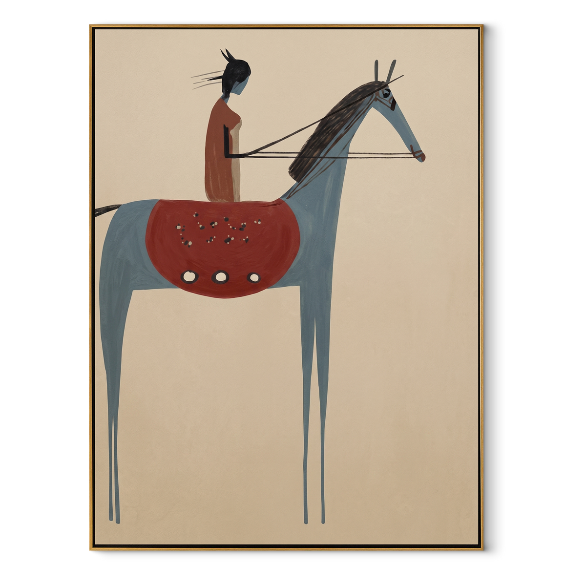 Scarlet Rider Meets Blue equestrian horse painting, vertical canvas artwork