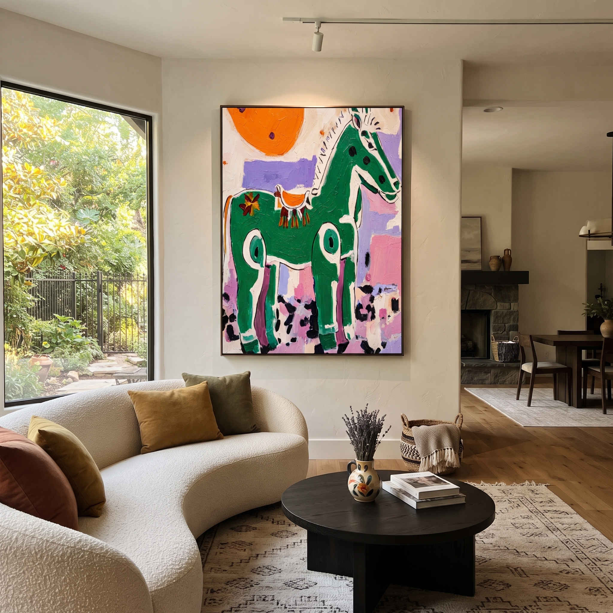 Painted Horse Faces Sun styled with wood, linen, and modern decor