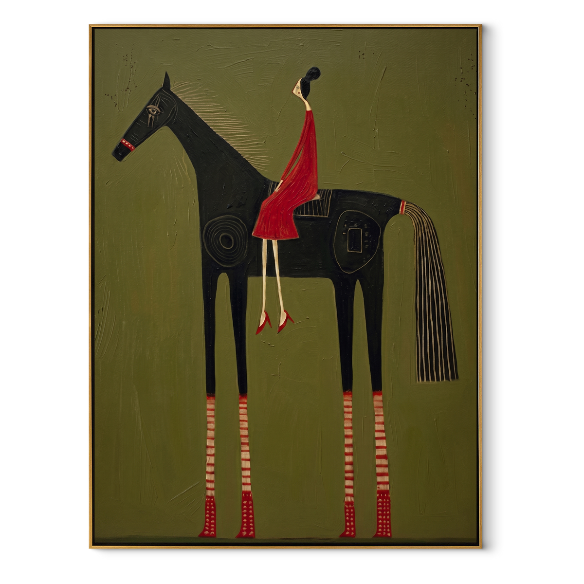 Red Dress Rides Spirals equestrian horse painting, vertical canvas artwork