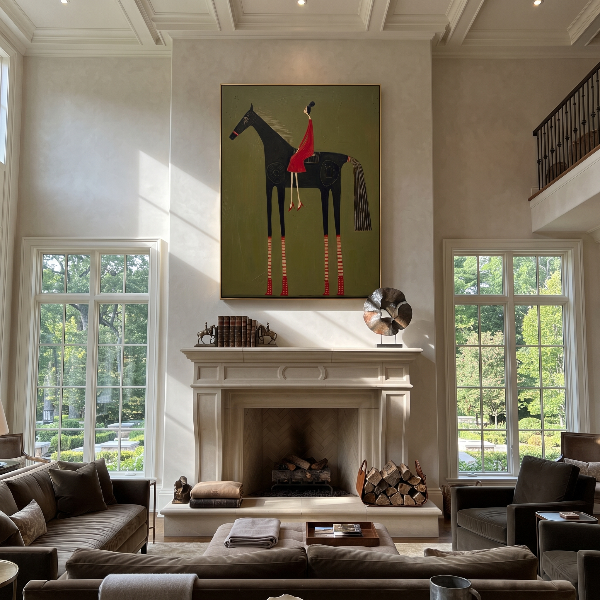 Red Dress Rides Spirals styled with warm modern furnishings