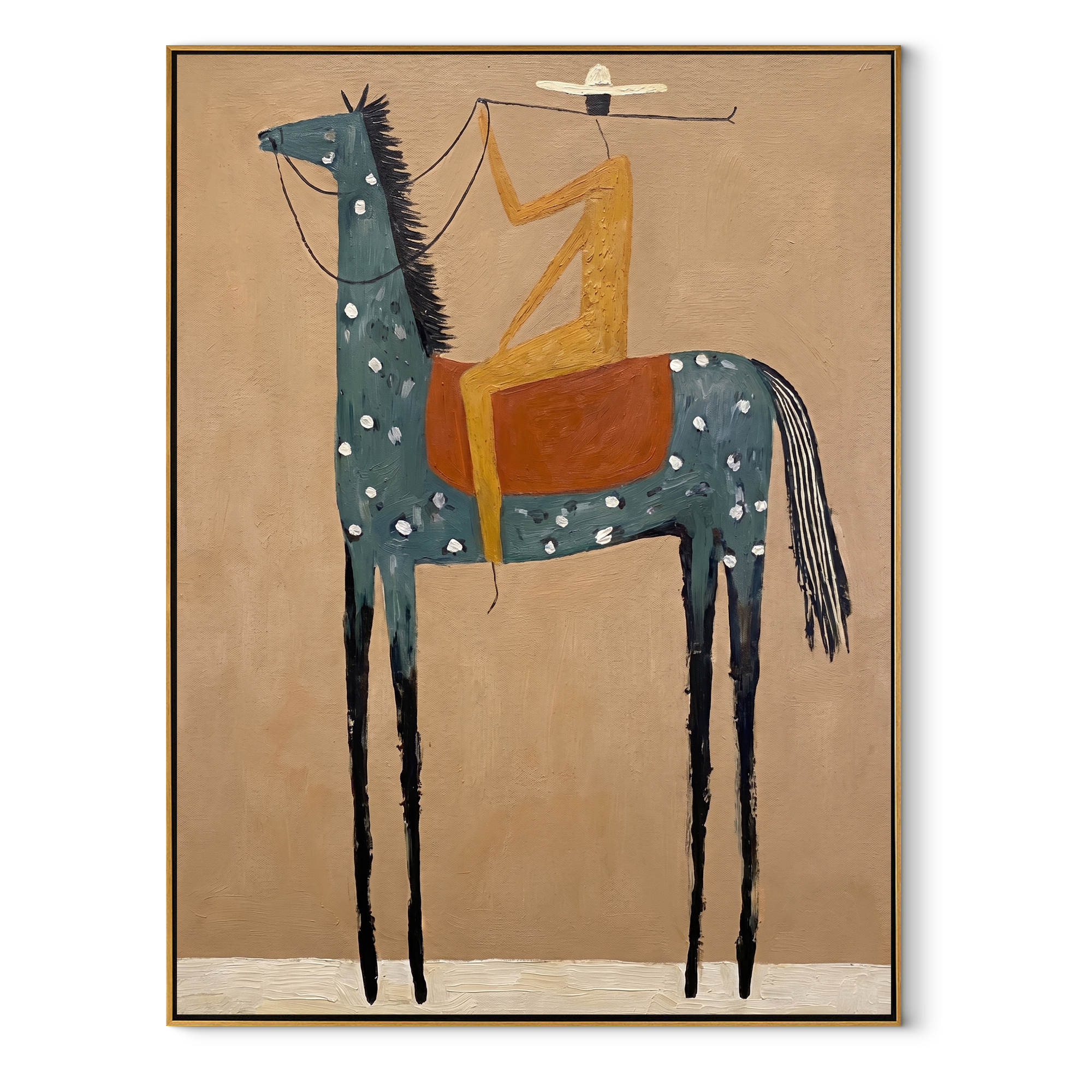 Golden Figure Balances High equestrian horse painting, vertical canvas artwork