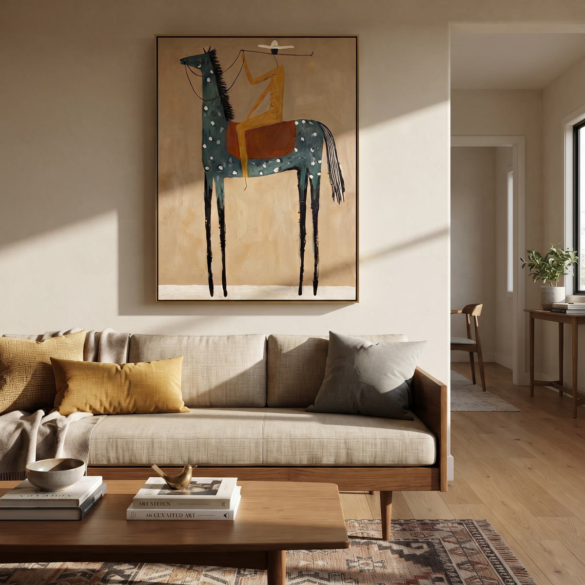 Golden Figure Balances High presented as a colorful interior focal point