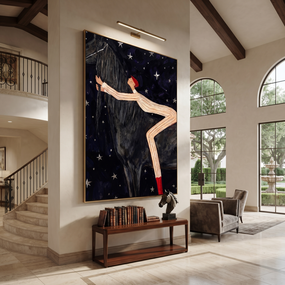 Striped Acrobat Hugs Night displayed in a collected contemporary interior