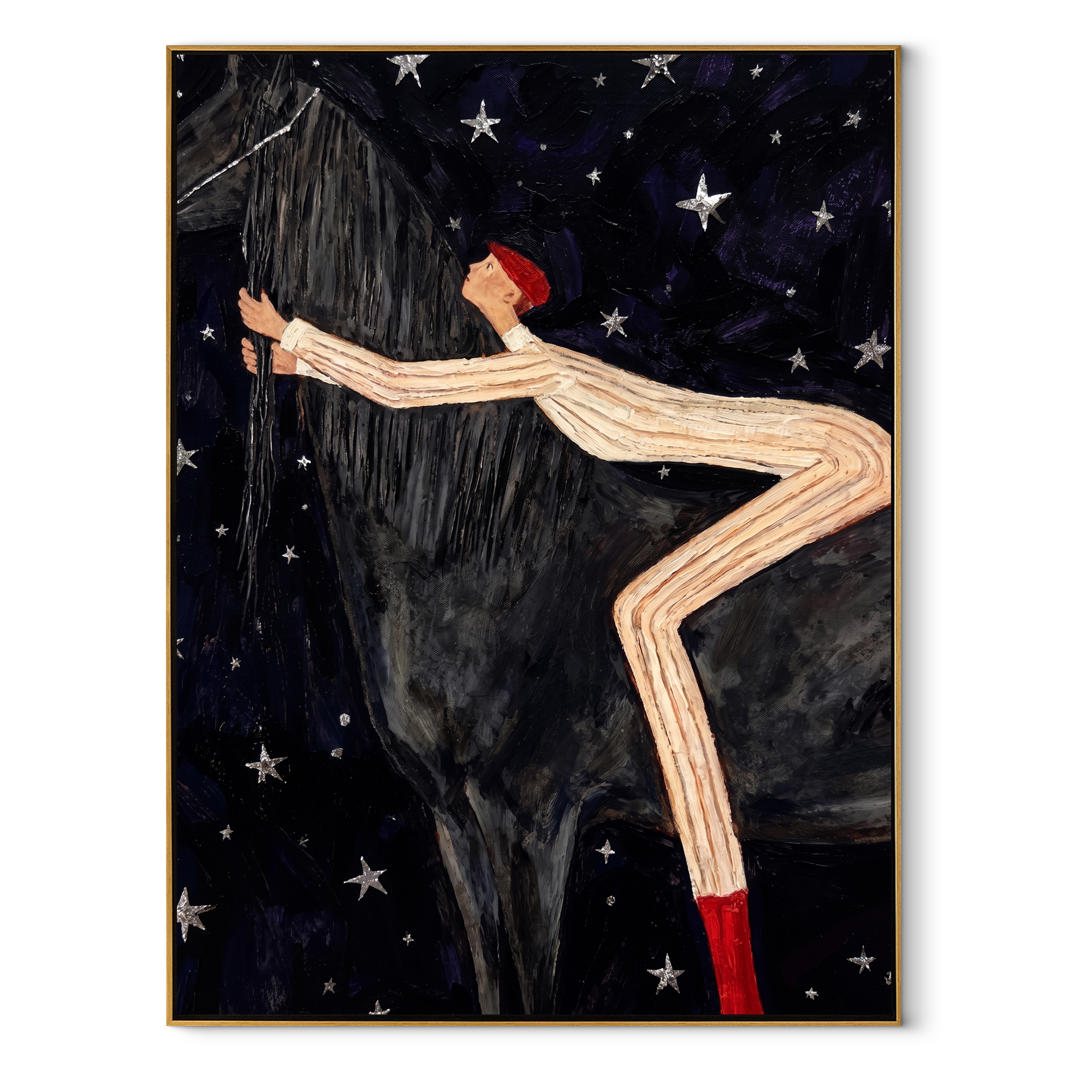 Striped Acrobat Hugs Night equestrian horse painting, vertical canvas artwork