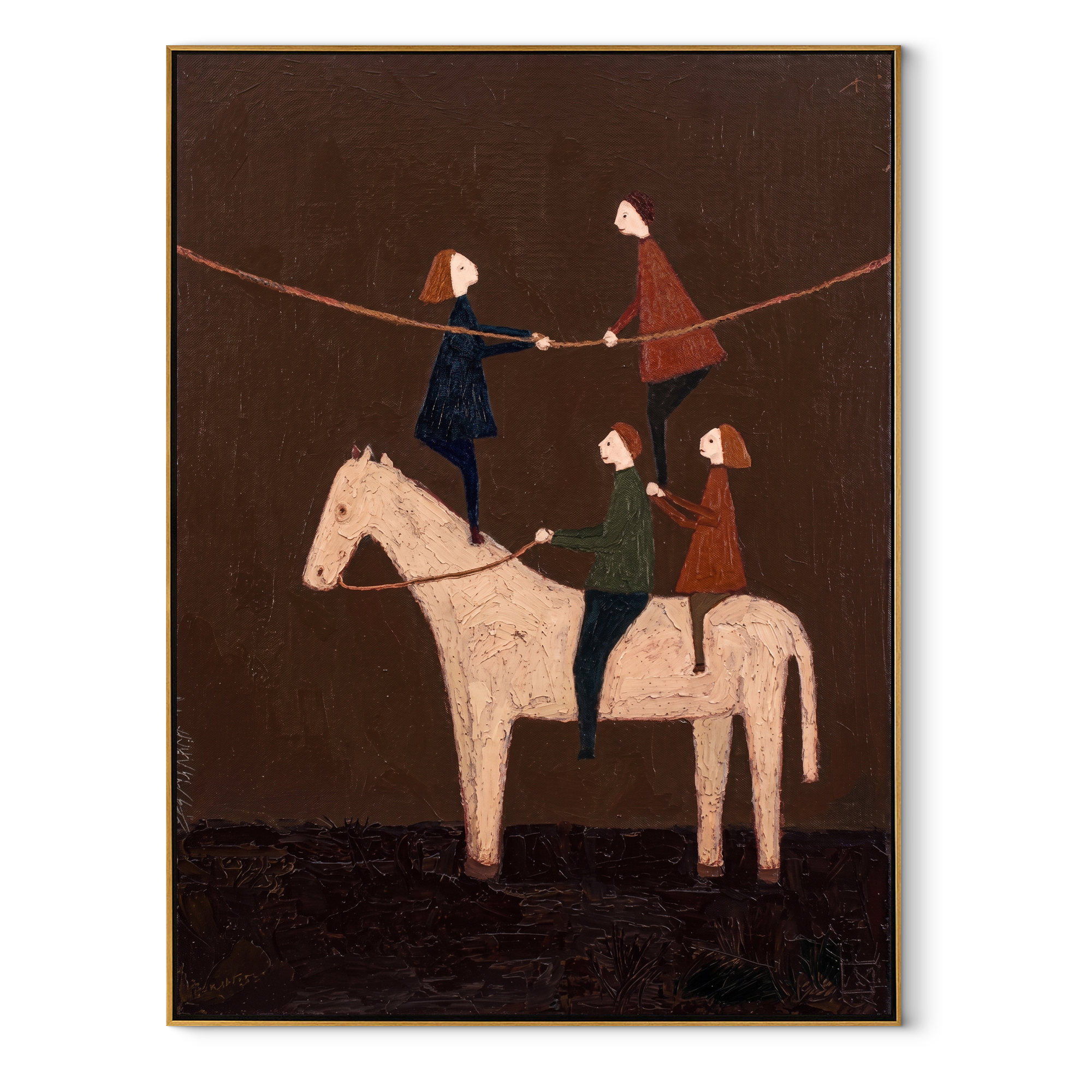 Three Acrobats Share Saddle equestrian horse painting, vertical canvas artwork