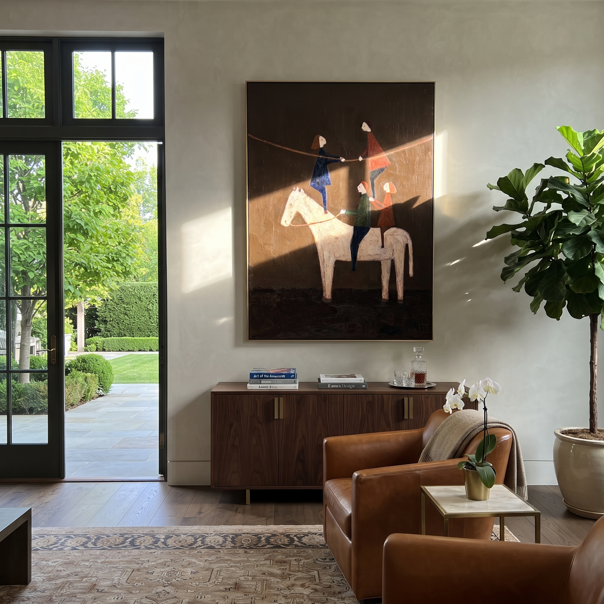 Three Acrobats Share Saddle styled with warm modern furnishings