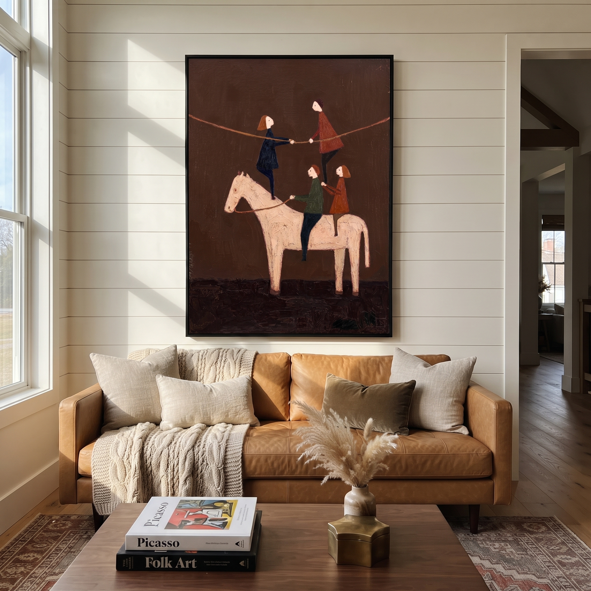 Three Acrobats Share Saddle presented as a colorful interior focal point