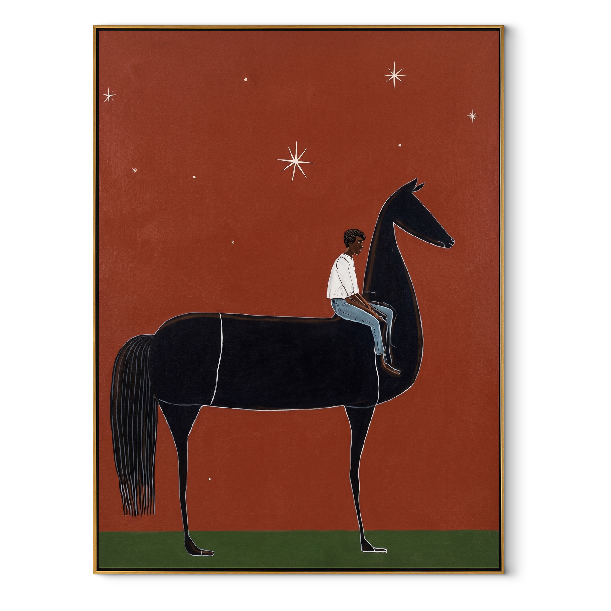 Blue Rider Waits Starlight equestrian horse painting, vertical canvas artwork
