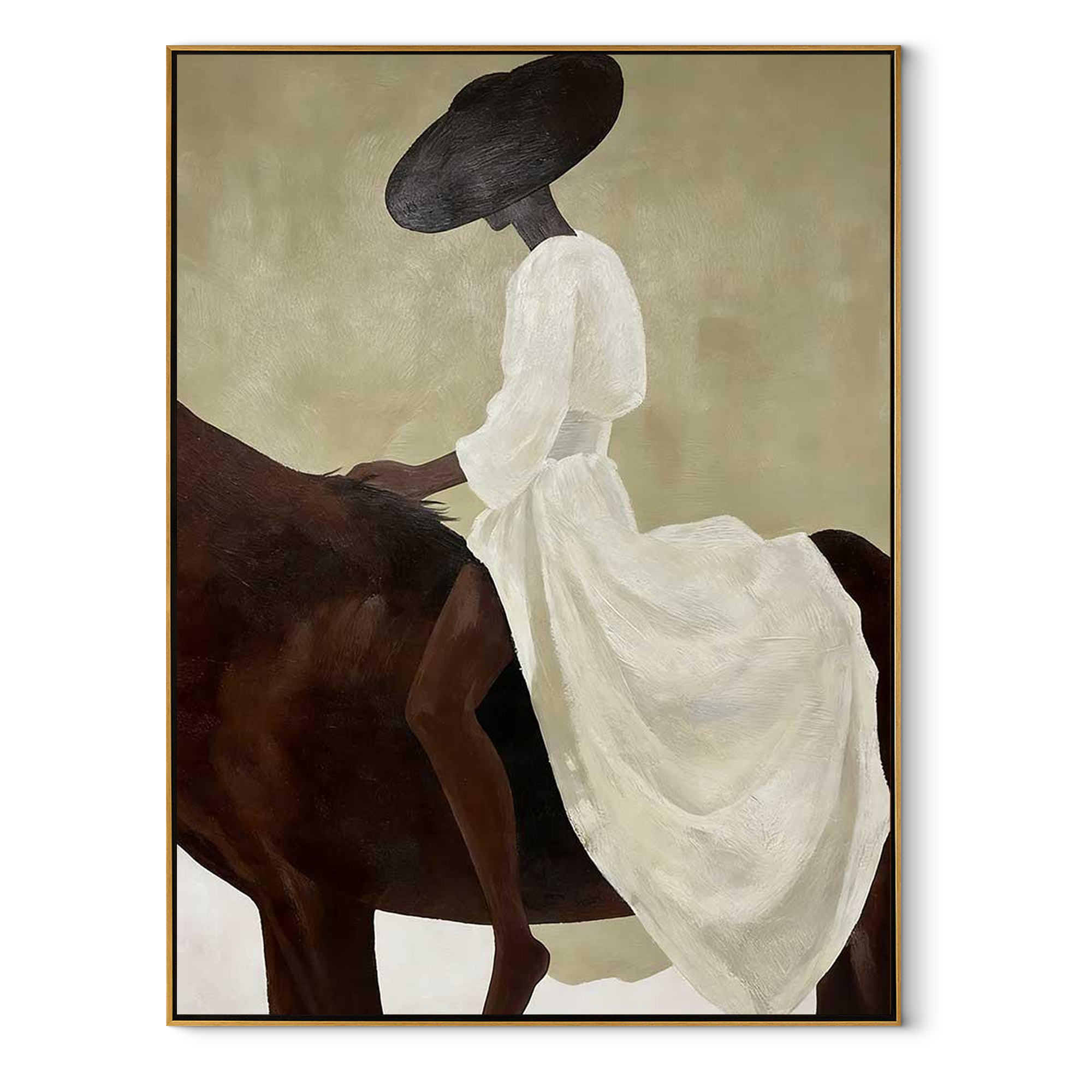White Veil Follows Brown equestrian horse painting, vertical canvas artwork