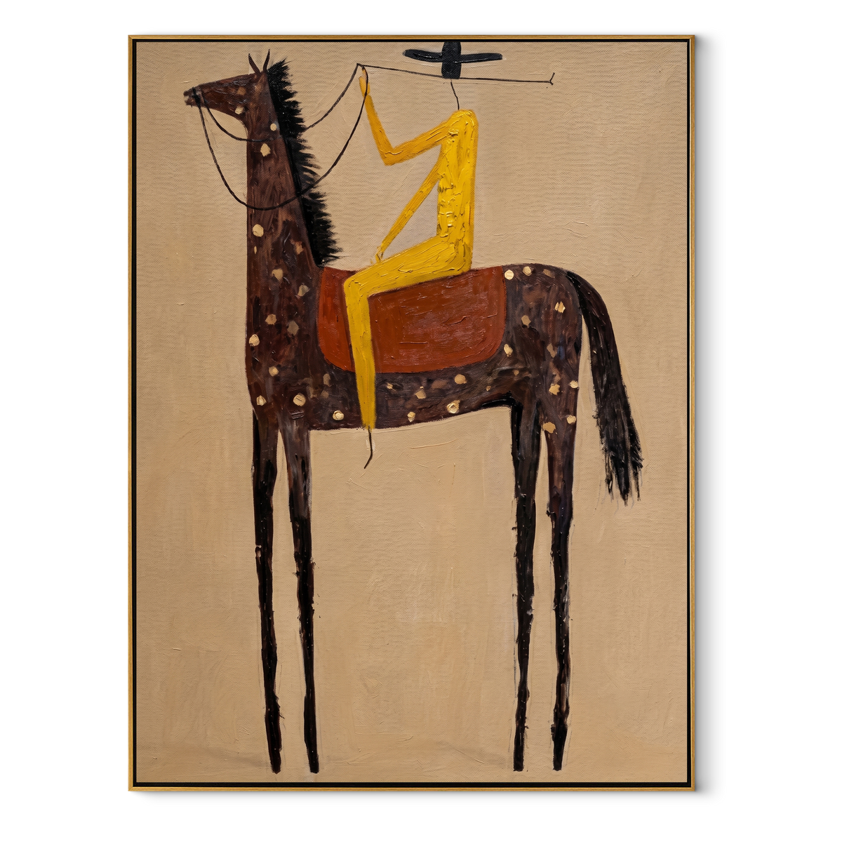 Golden Acrobat Rides Spots equestrian horse painting, vertical canvas artwork