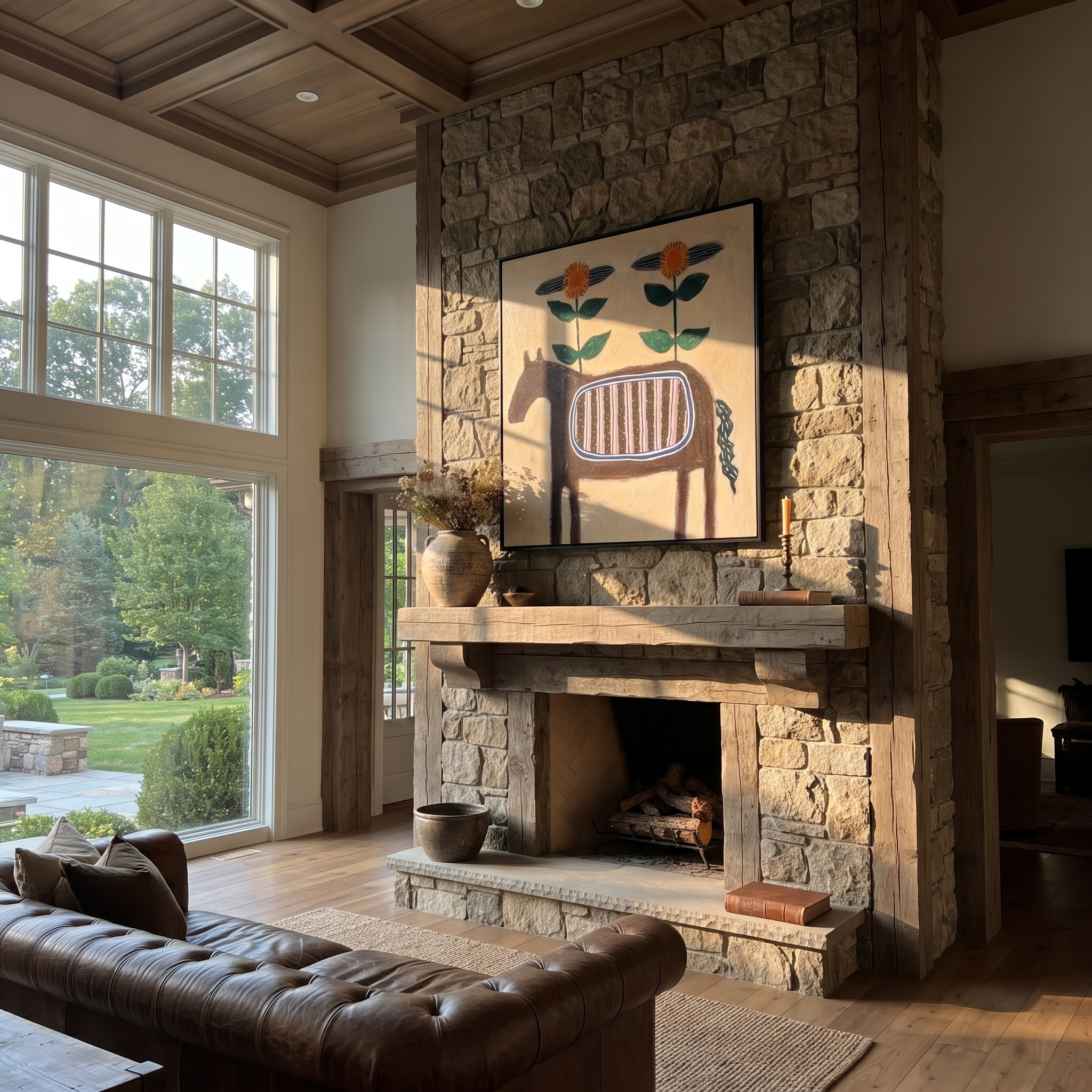 Sunflowers Crown Striped Horse styled with warm modern furnishings