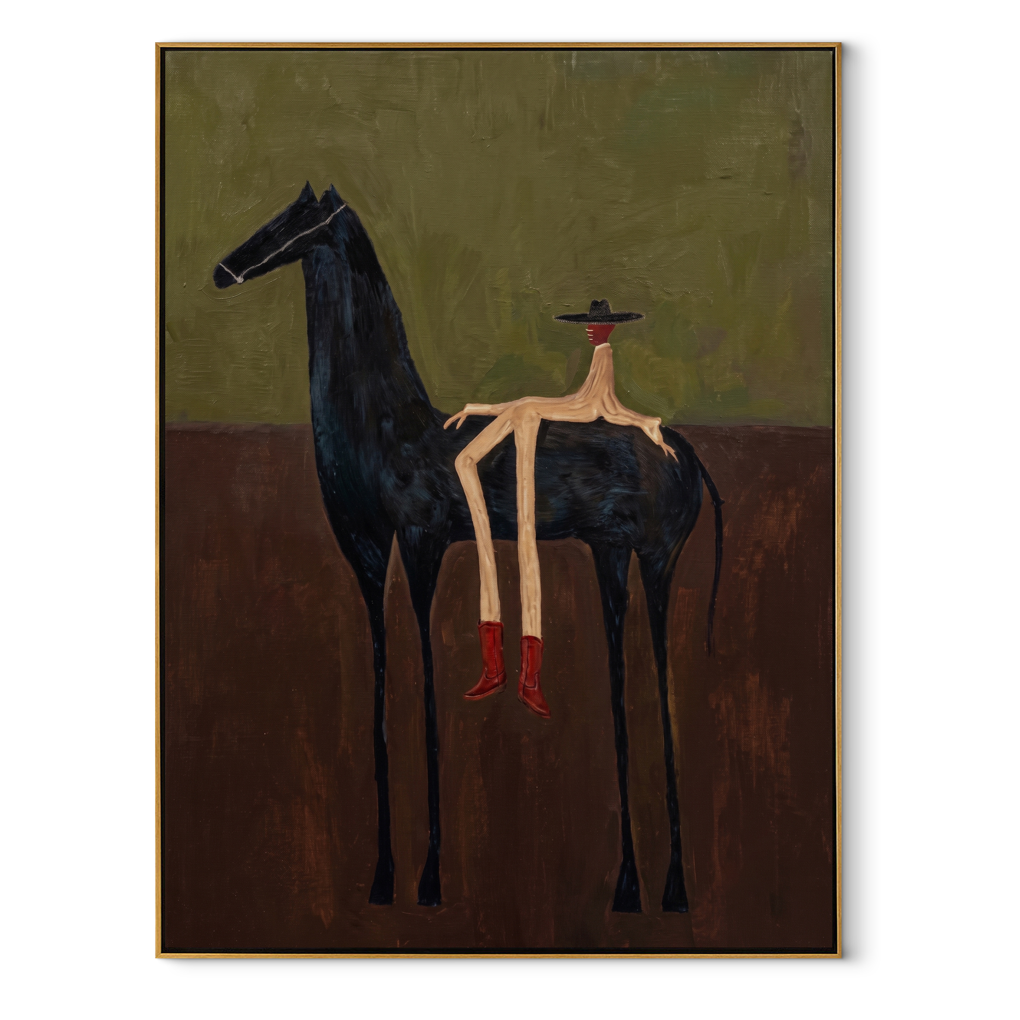 Red Boots Meet Black equestrian horse painting, vertical canvas artwork