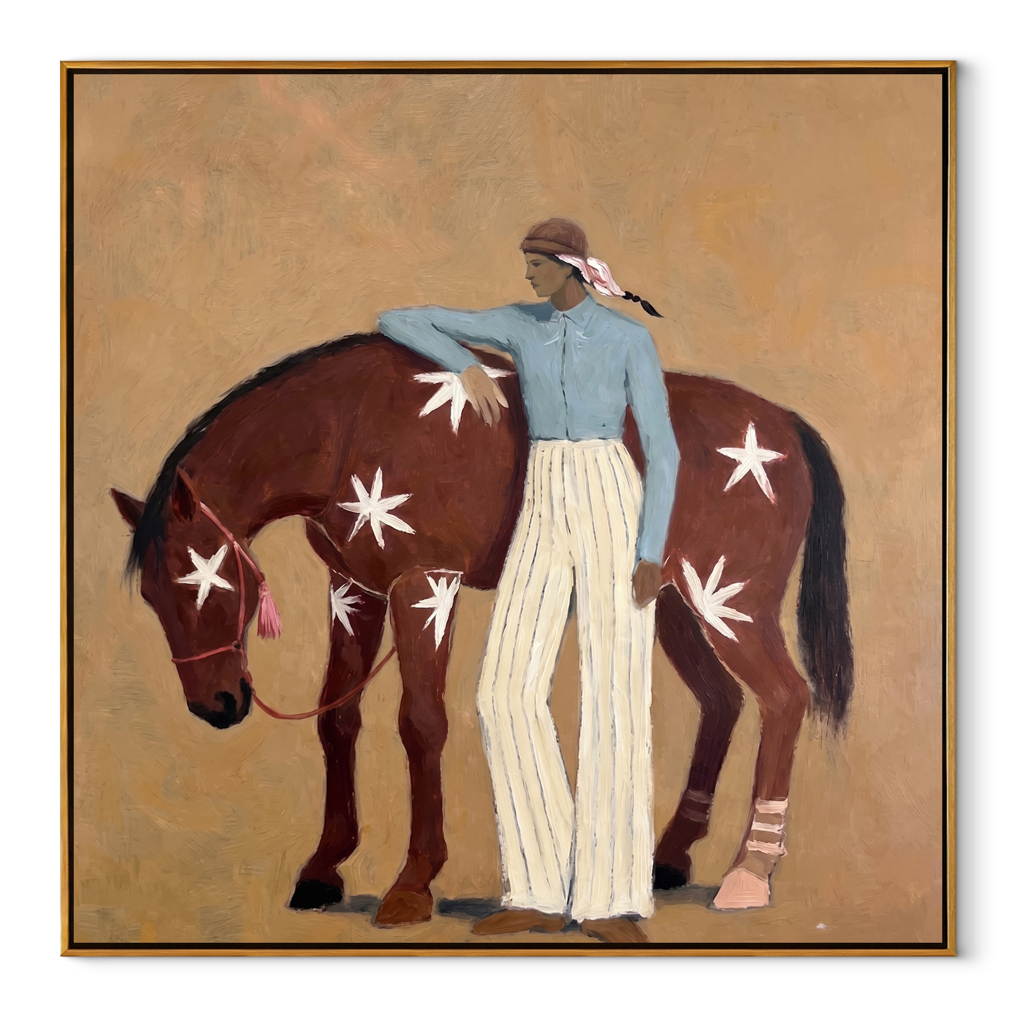 Blue Figure Comforts Chestnut equestrian horse painting, square canvas artwork