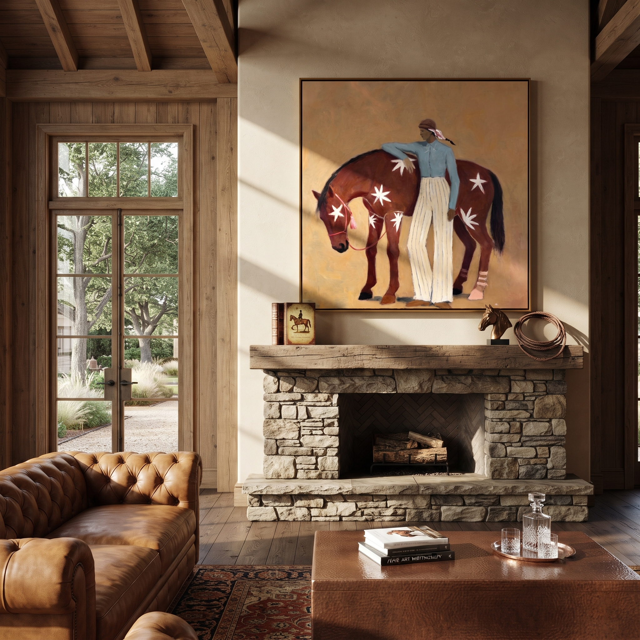 Blue Figure Comforts Chestnut presented as a colorful interior focal point