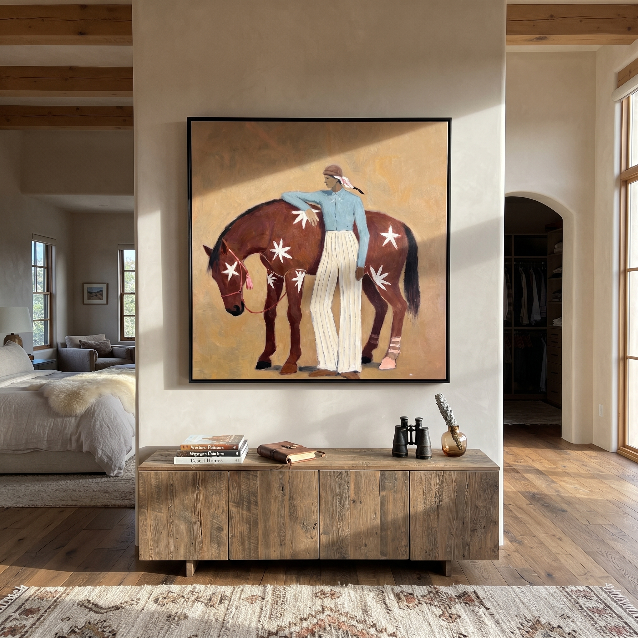 Blue Figure Comforts Chestnut displayed in a layered residential setting