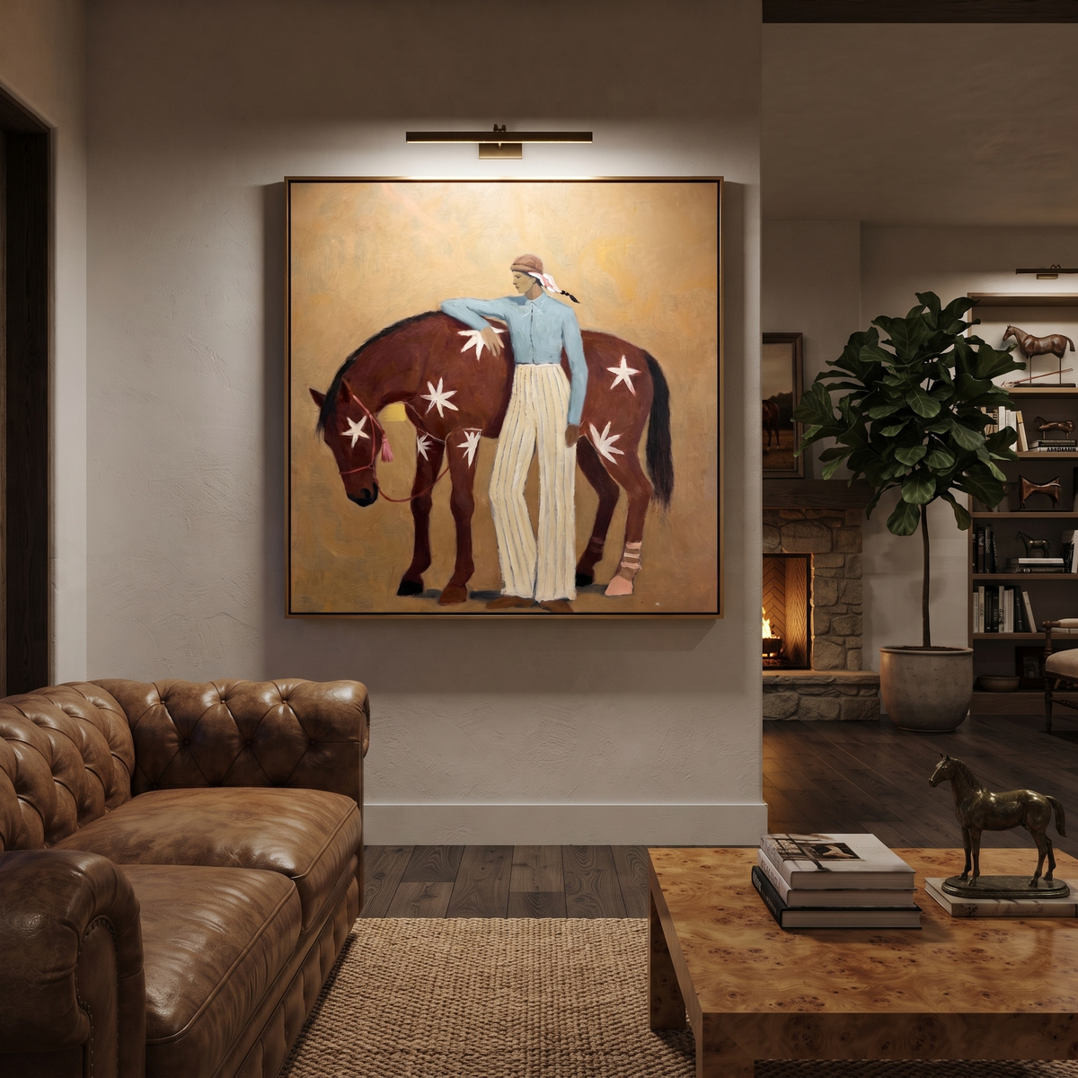 Blue Figure Comforts Chestnut styled with wood, linen, and modern decor
