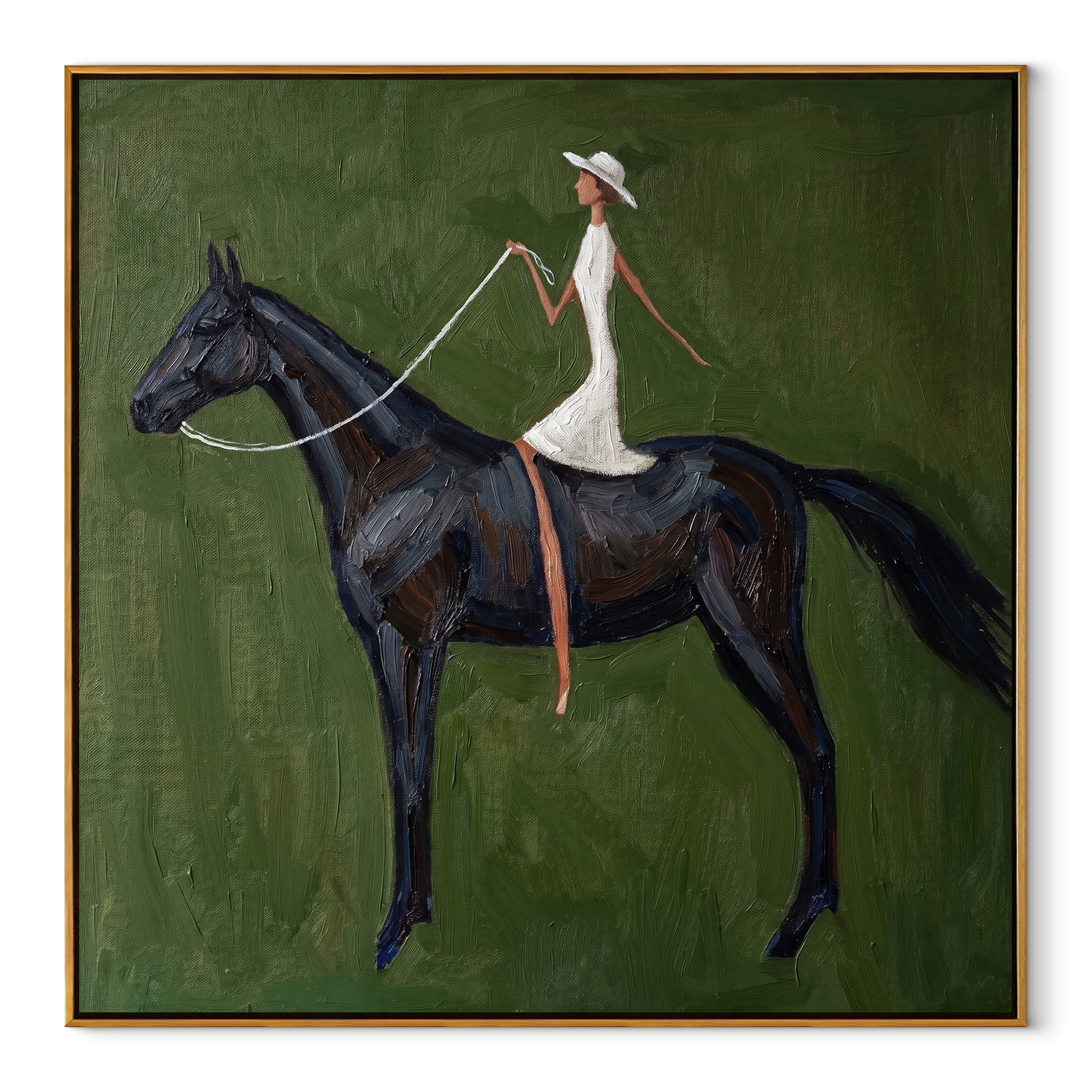 White Dress Crosses Green equestrian horse painting, square canvas artwork
