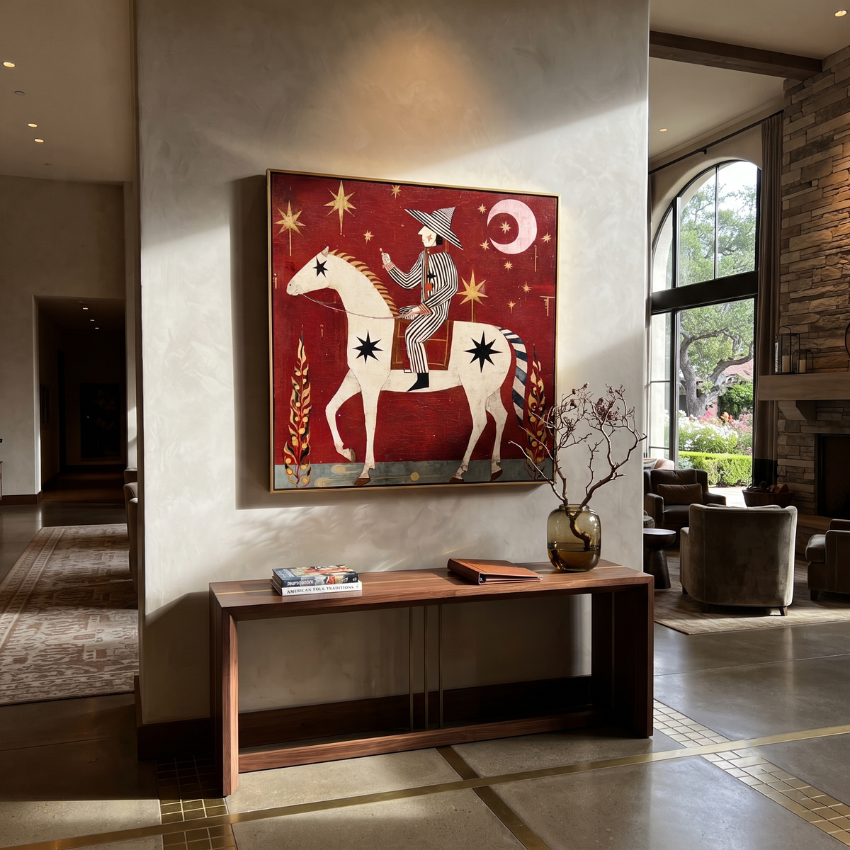Striped Rider Courts Moonlight displayed in a collected contemporary interior