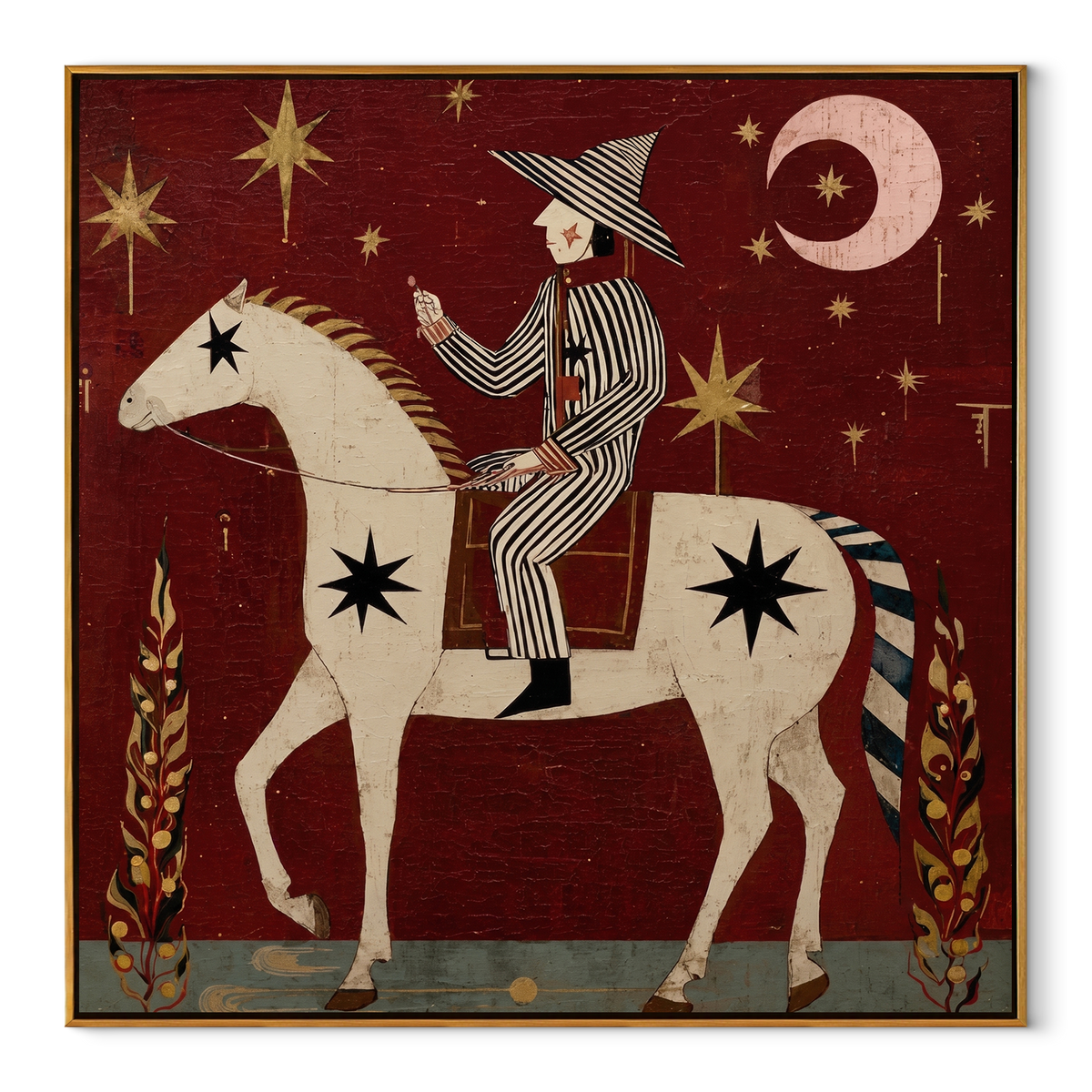 Striped Rider Courts Moonlight equestrian horse painting, square canvas artwork