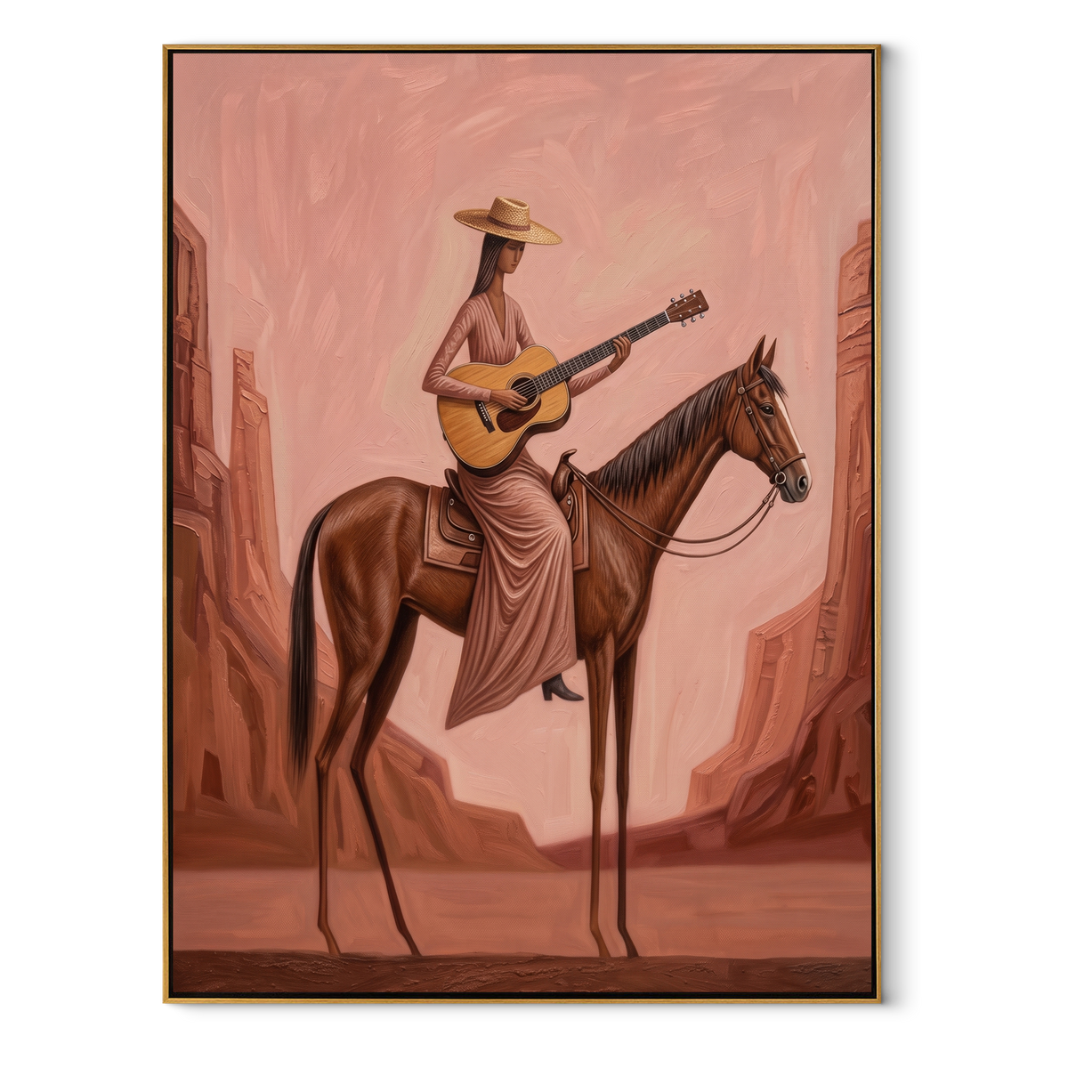 Guitar Travels Pink Canyons equestrian horse painting, vertical canvas artwork