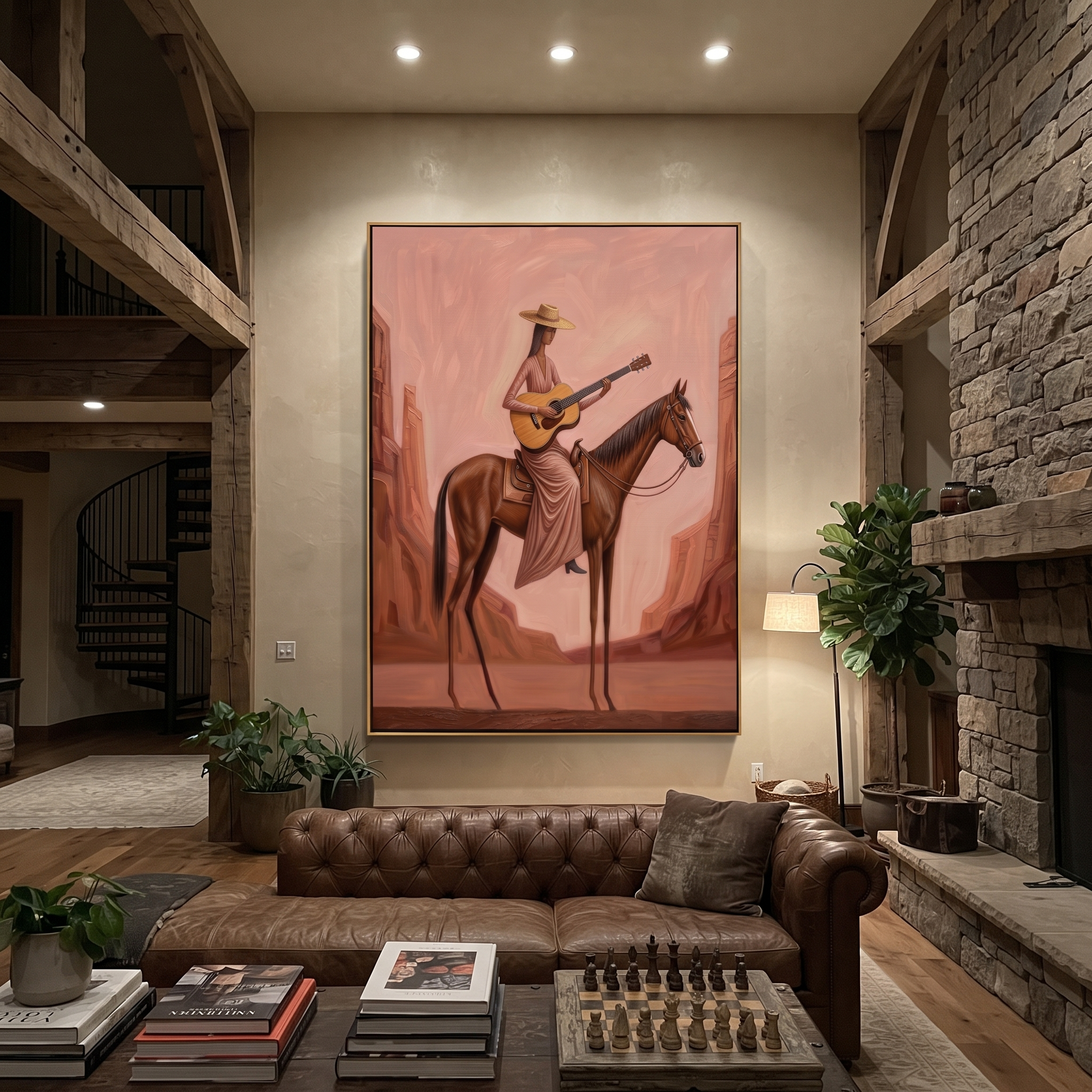 Guitar Travels Pink Canyons styled with wood, linen, and modern decor