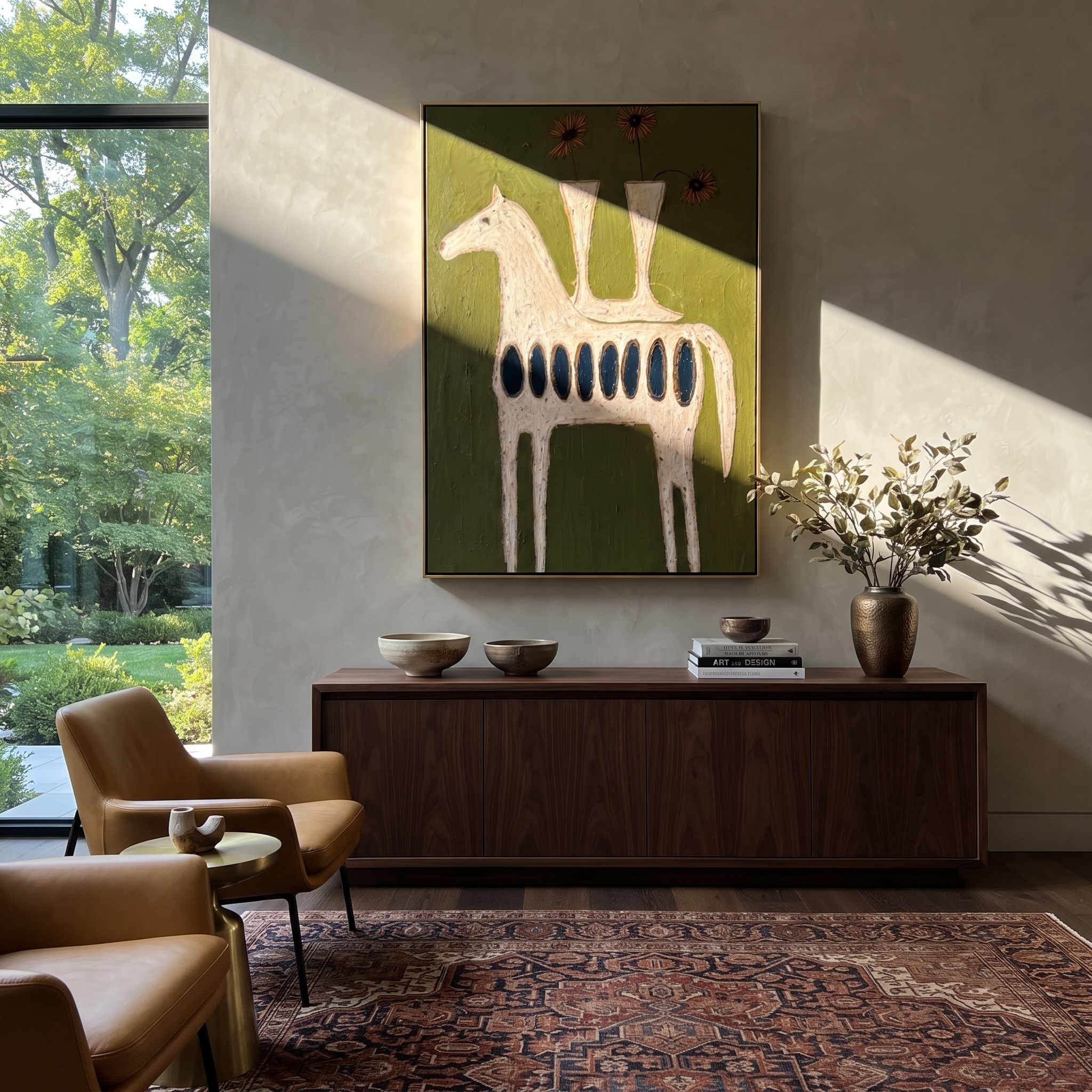 Three Vases Crown Horse displayed in a collected contemporary interior