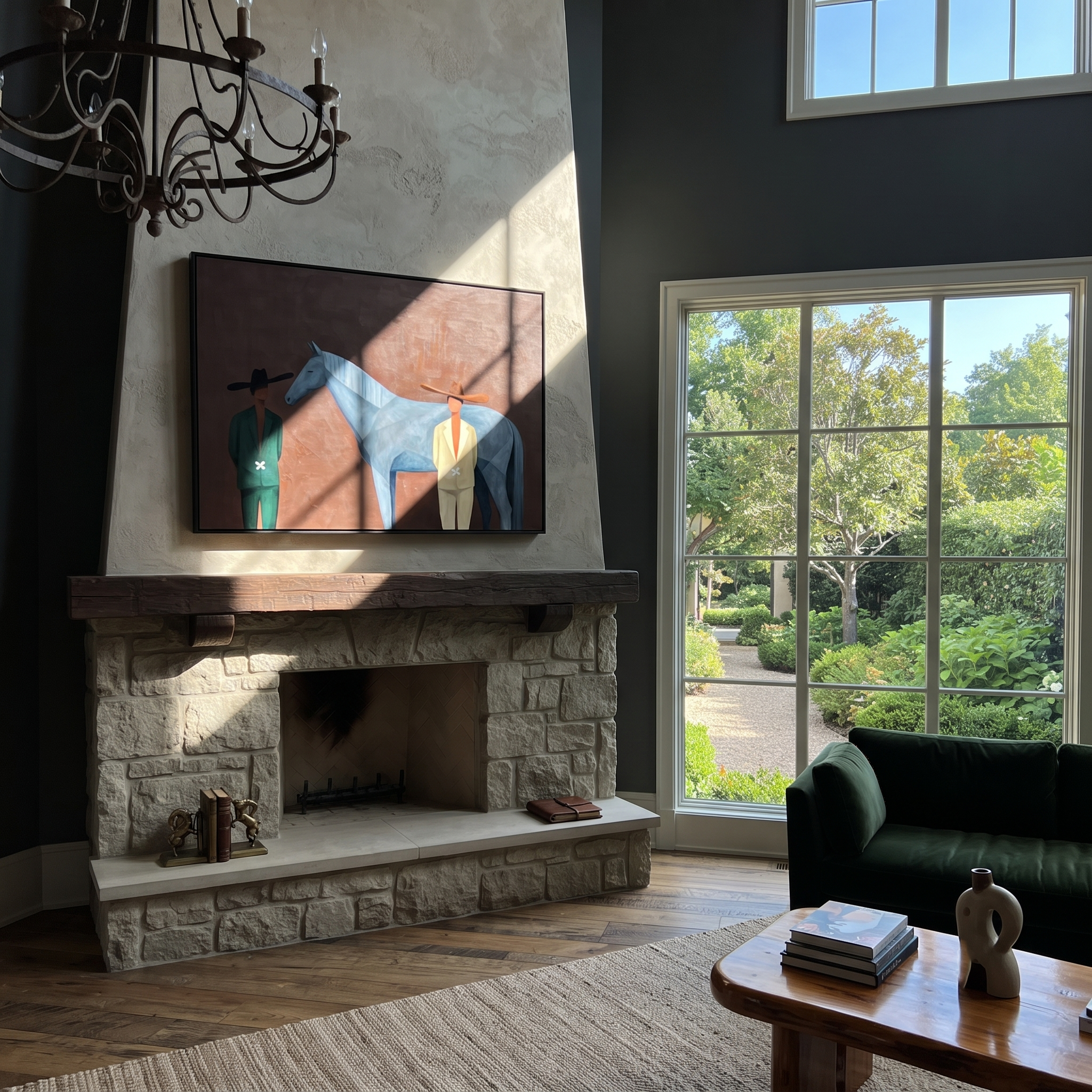 Two Men Meet Blue styled with warm modern furnishings