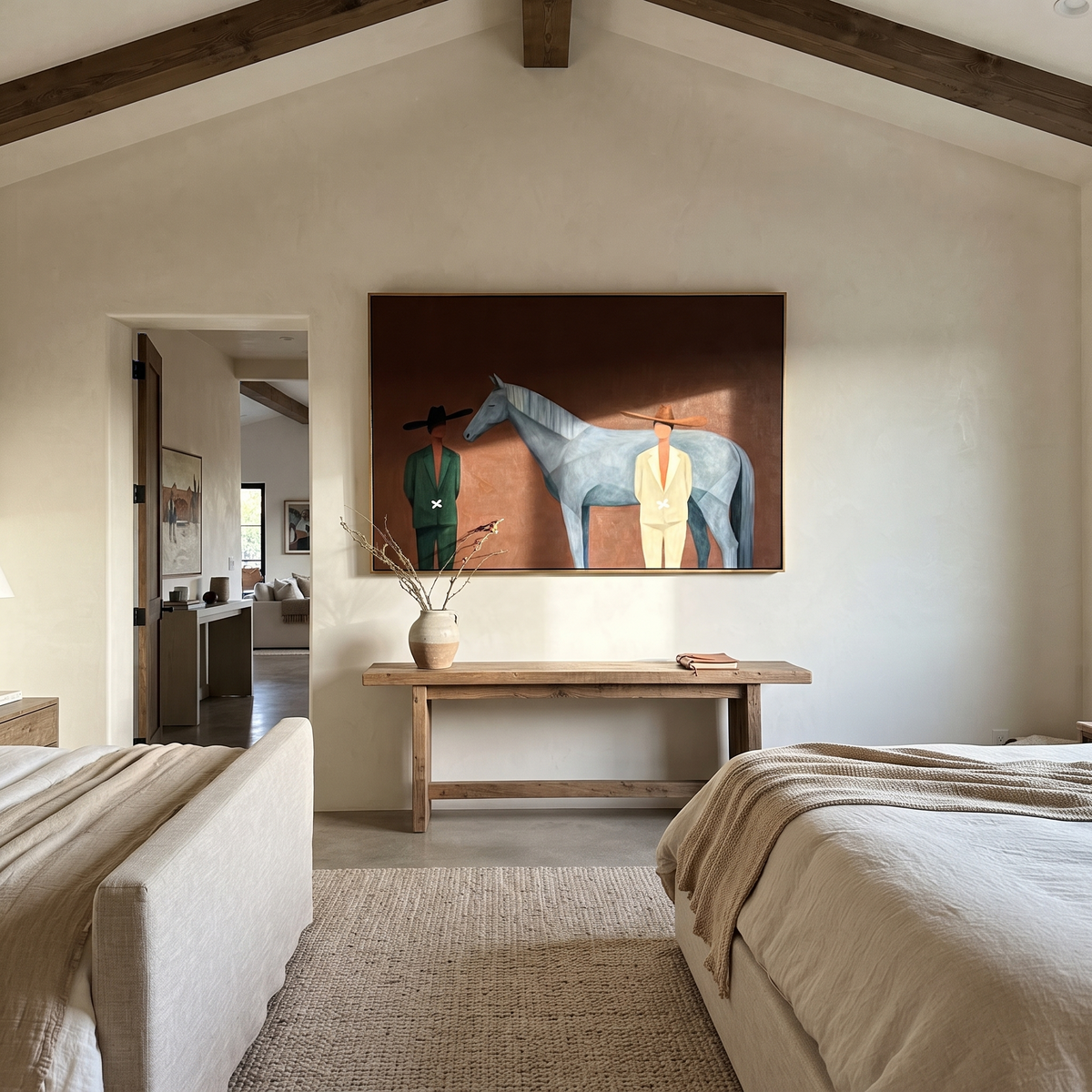 Two Men Meet Blue displayed in a layered residential setting