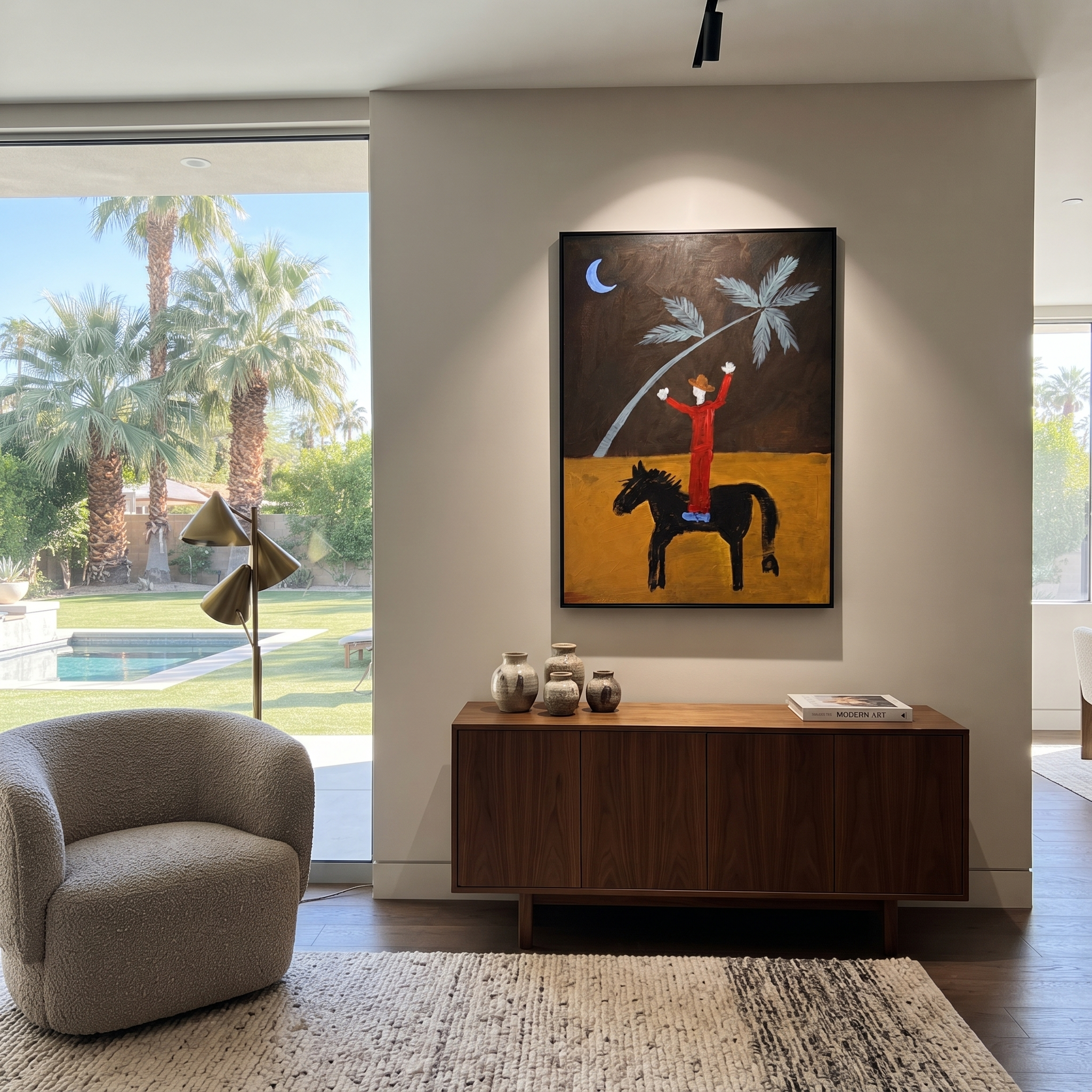 Red Rider Raises Palm displayed in a layered residential setting