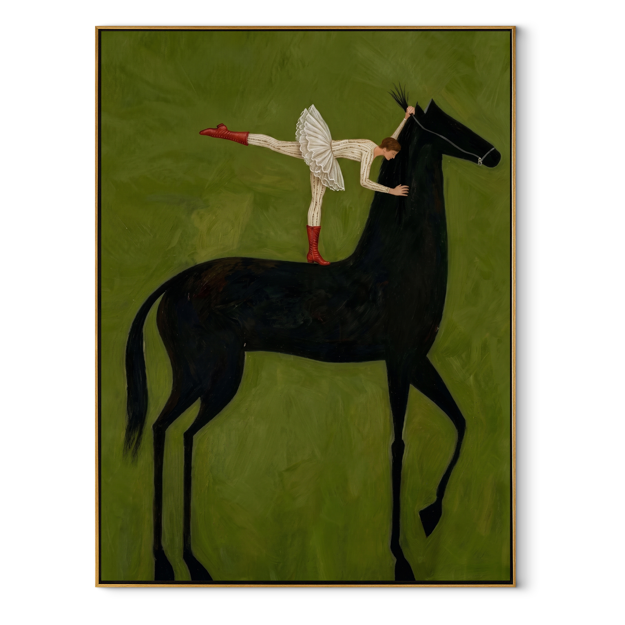 White Acrobat Greets Black equestrian horse painting, vertical canvas artwork