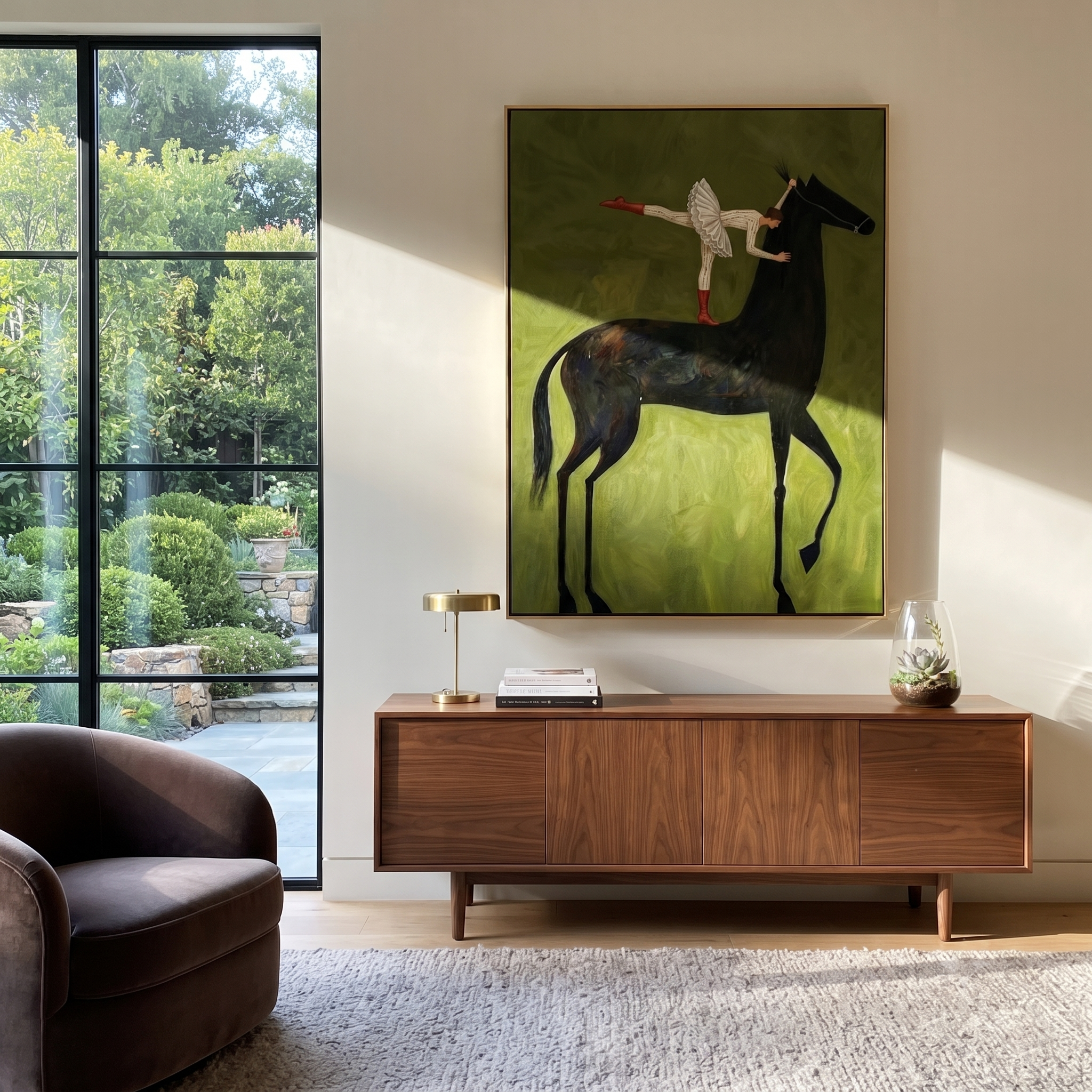 White Acrobat Greets Black styled with warm modern furnishings