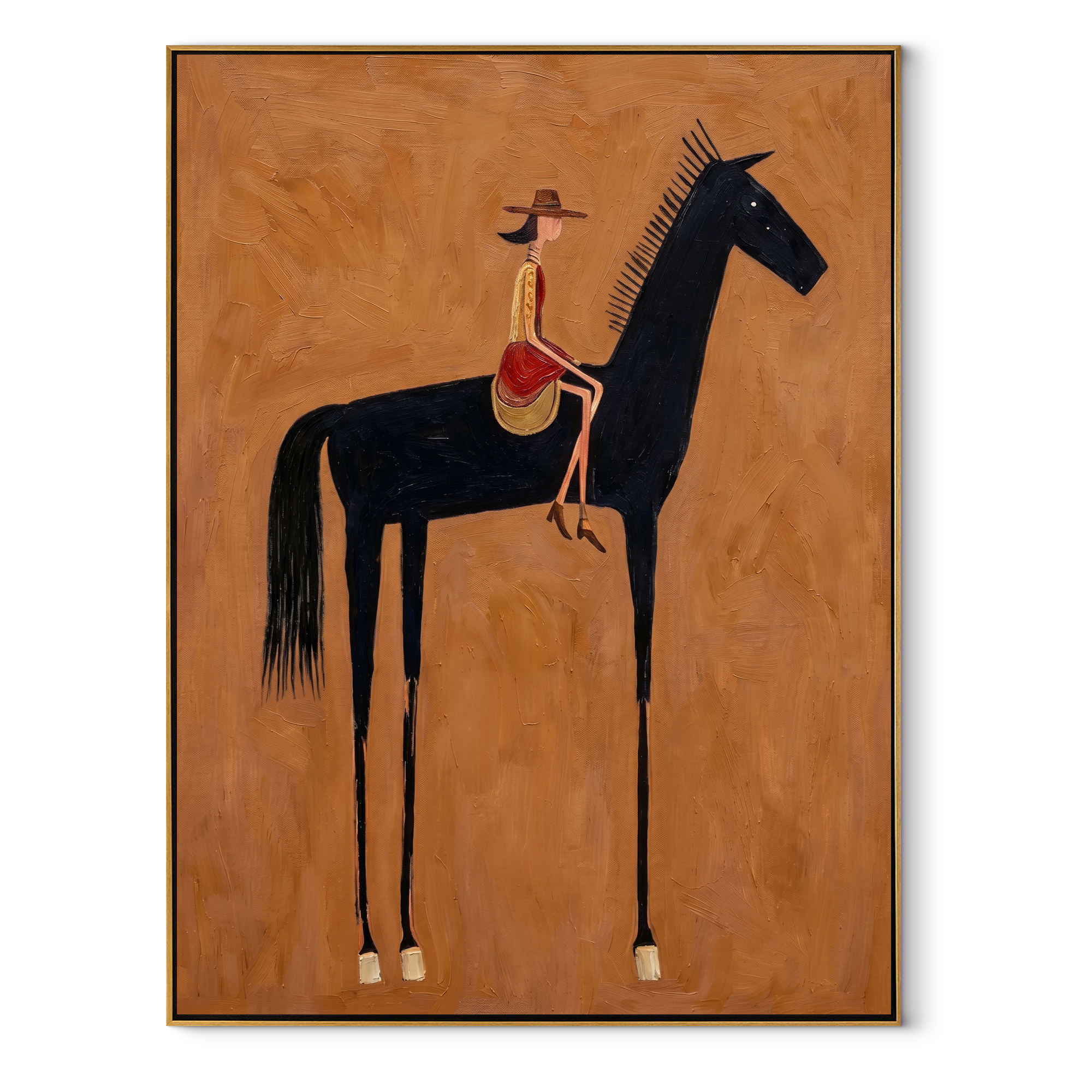 Black Horse Carries Red equestrian horse painting, vertical canvas artwork