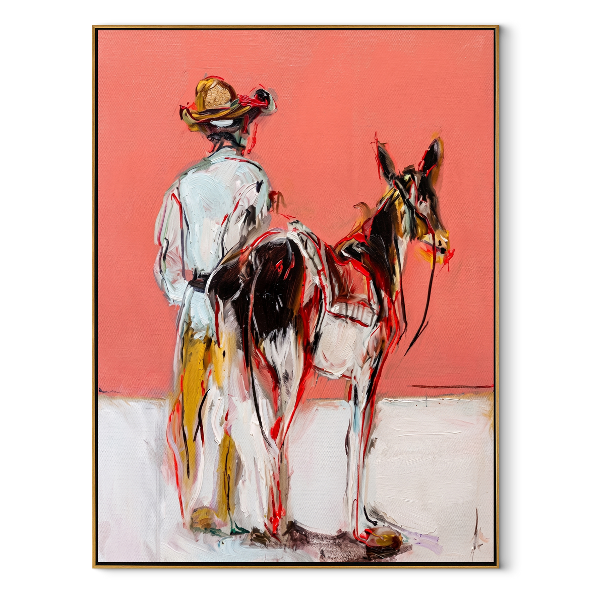 Two Horses Melt Coral equestrian horse painting, vertical canvas artwork