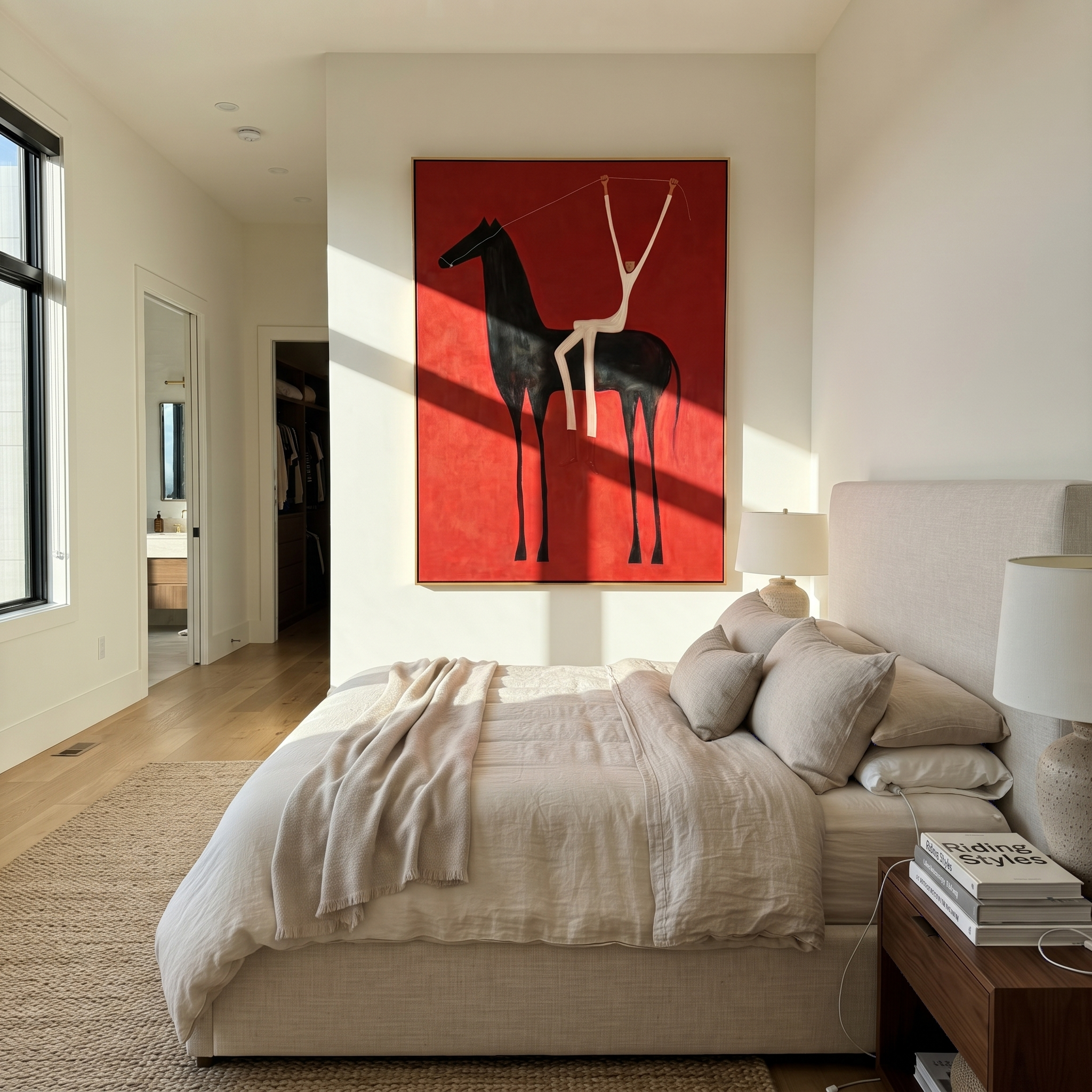 White Arms Split Crimson displayed in a layered residential setting